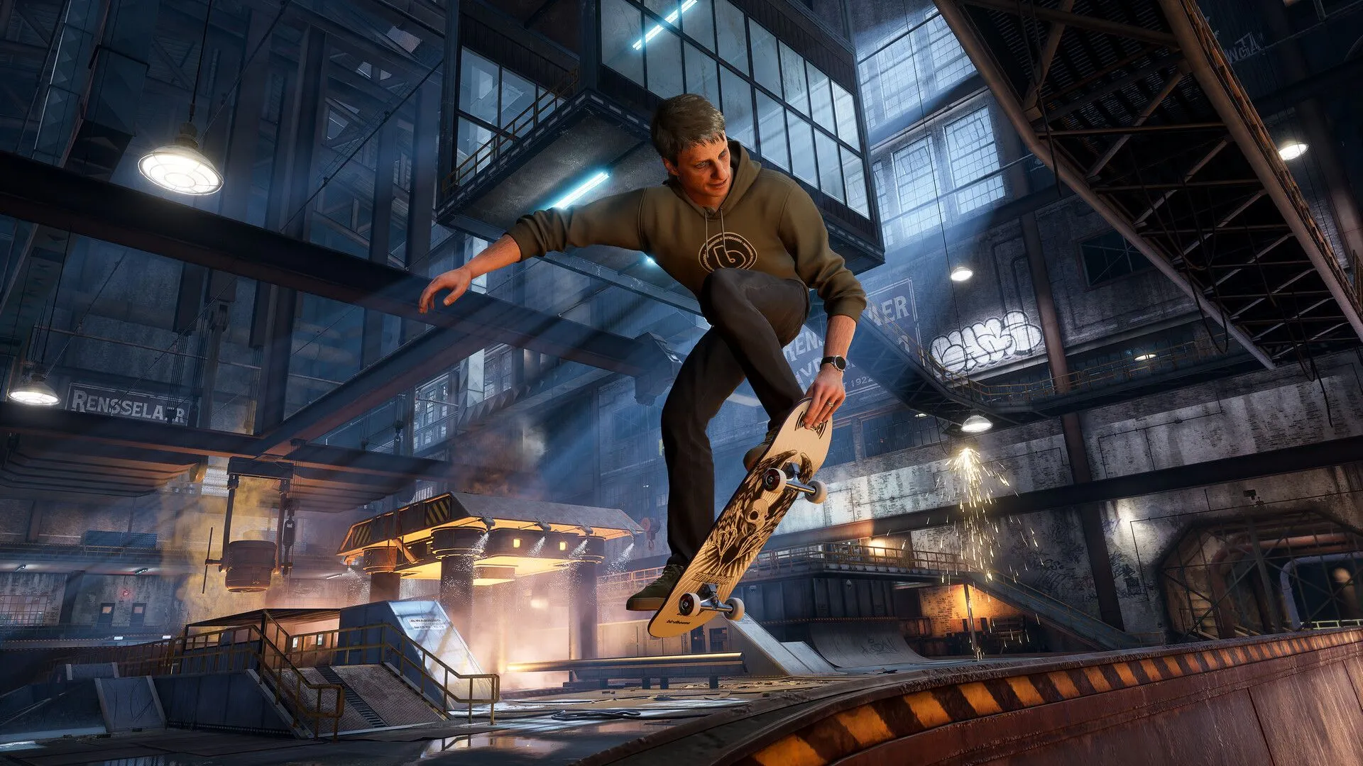 Một skater đang trượt ván trên đường ray trong môi trường đô thị với nhiều tòa nhà cao tầng trong Tony Hawk's Pro Skater 3 + 4