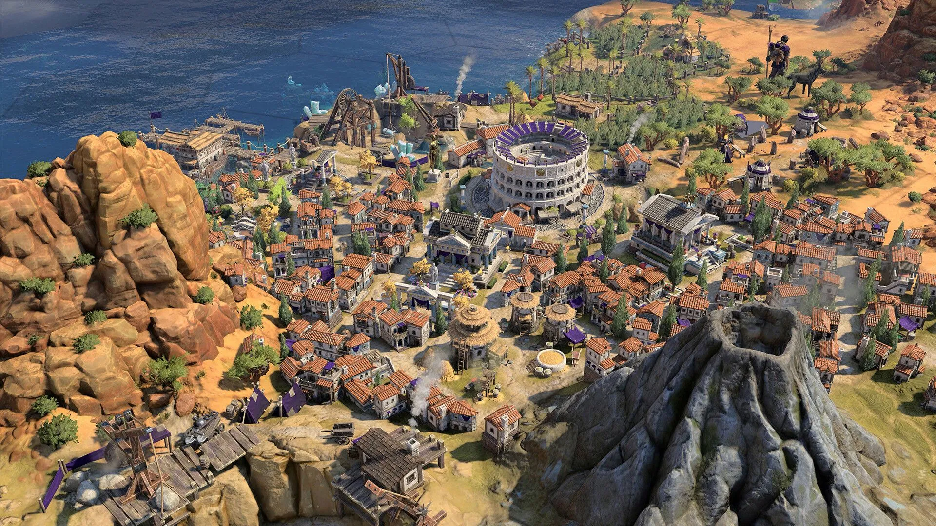 Một thành phố cổ bên bờ biển trong Civilization VII