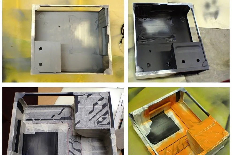 Một vỏ case PC cũ đang được sơn lại với màu xanh lá, thể hiện quá trình tái chế và làm mới