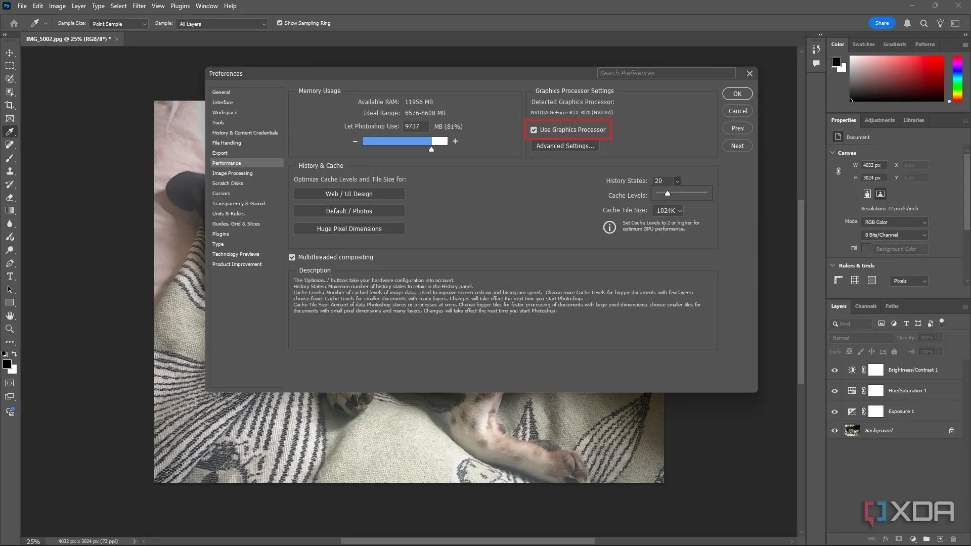 Mục Graphics Processor Settings trong Photoshop, hướng dẫn bật tính năng Use Graphics Processor để tăng tốc xử lý đồ họa.