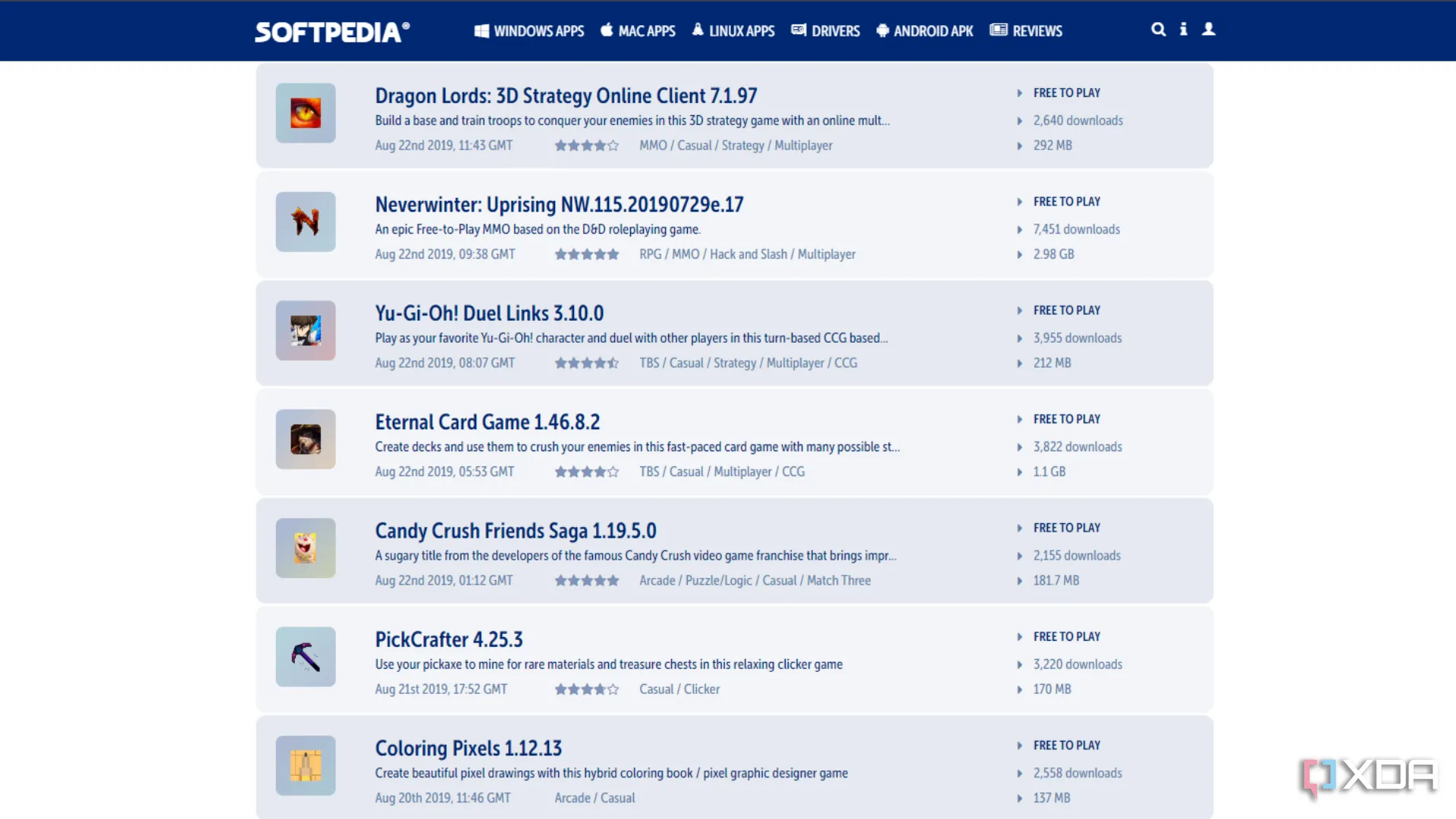 Mục trò chơi miễn phí trên website Softpedia