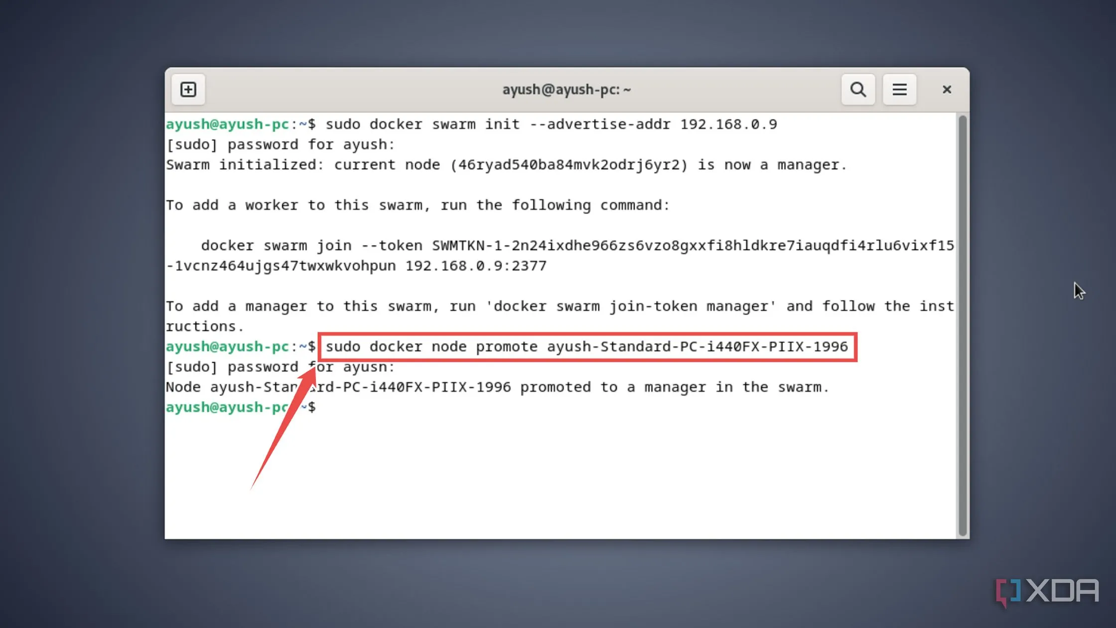 Nâng cấp quyền một node worker thành manager trong Docker Swarm bằng lệnh docker node promote.