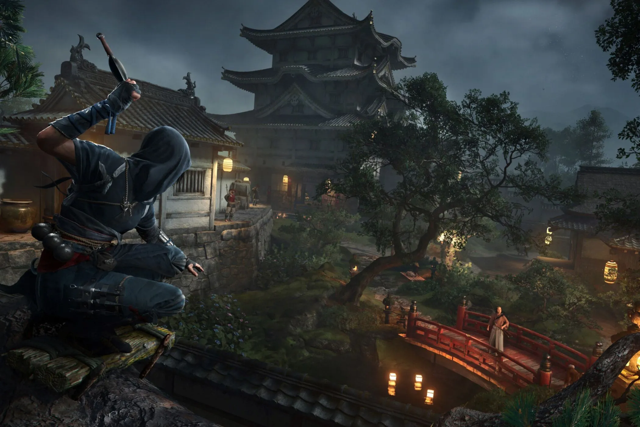 Naoe dùng bom khói và kết liễu im lặng trong ngôi đền tại Assassin's Creed Shadows
