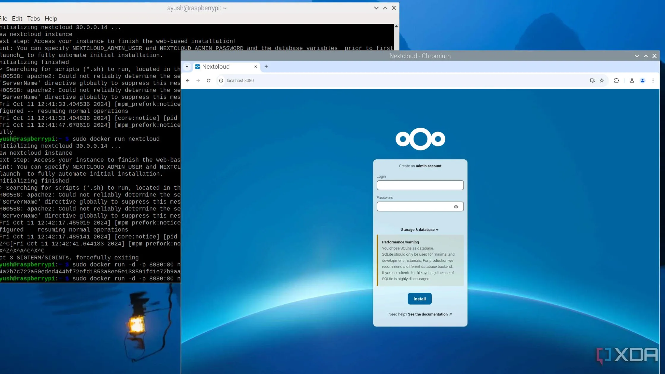 Nextcloud container hoạt động trên Raspberry Pi, thể hiện việc tự host máy chủ dễ dàng với Docker