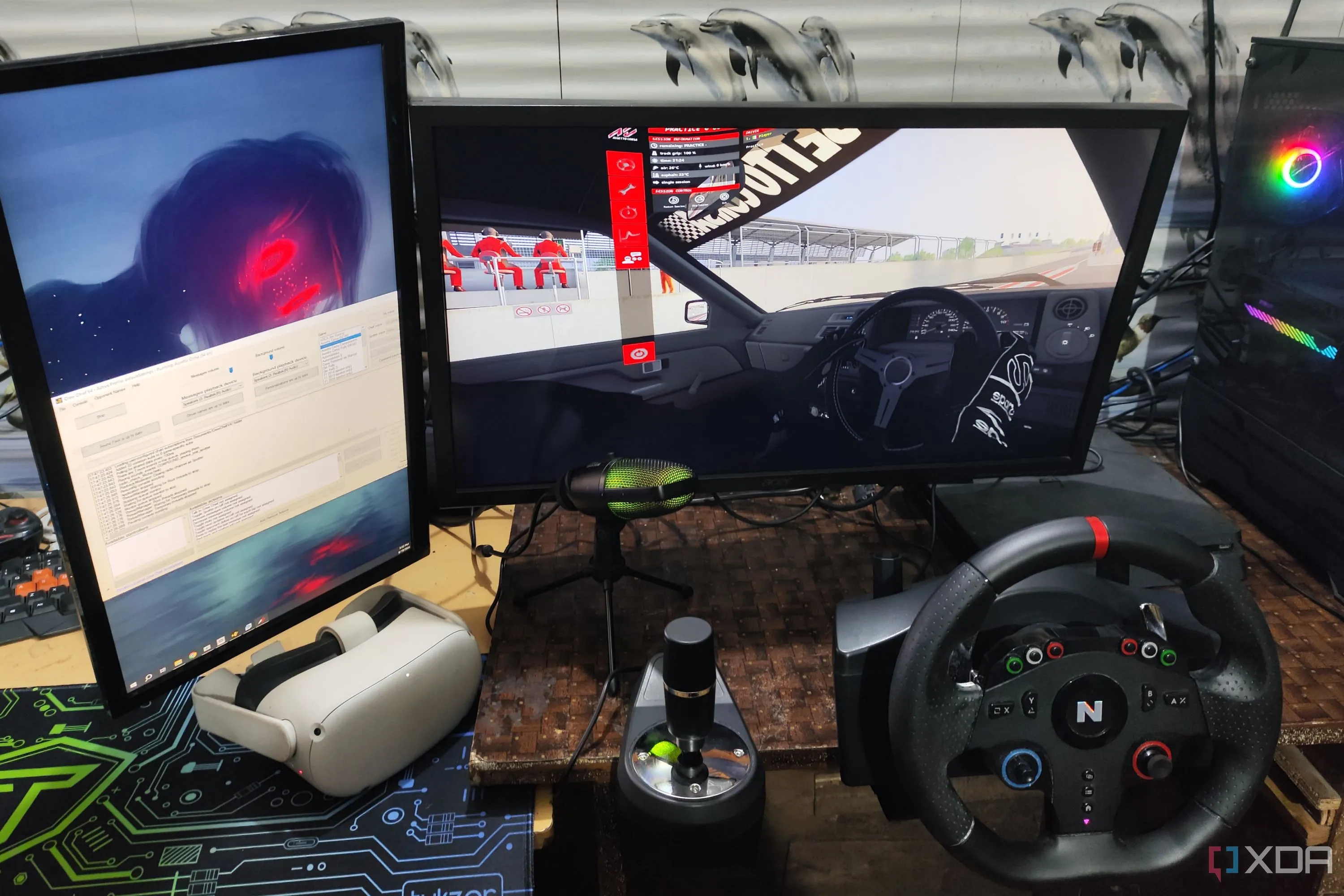 Người chơi đang trải nghiệm game đua xe Assetto Corsa trong chế độ VR, với vô lăng Nitho Pro Driving Wheel và kính thực tế ảo Meta Quest 2, tượng trưng cho niềm đam mê tốc độ trong các game như Need for Speed Most Wanted.