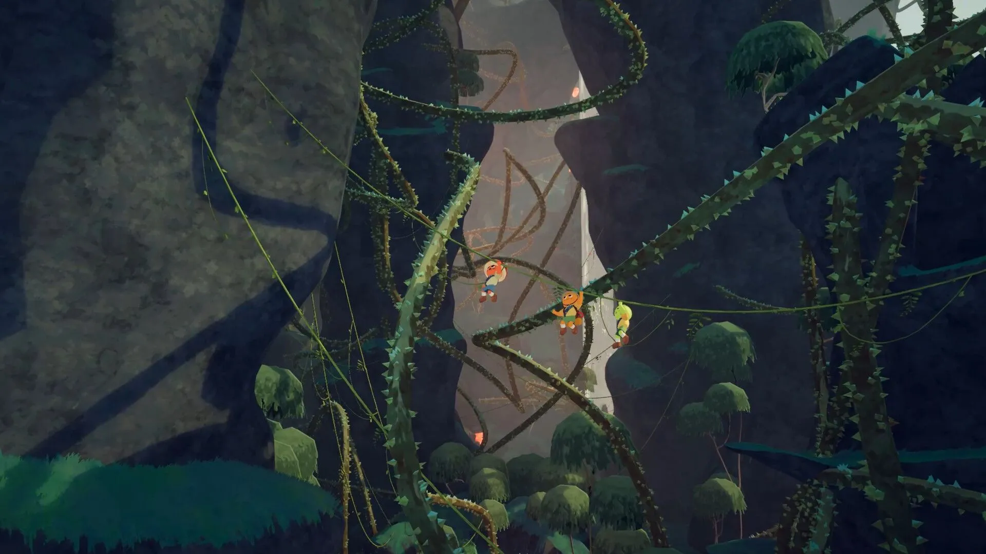 Người chơi game Peak đang bám vào dây leo để vượt qua khu rừng rậm rạp