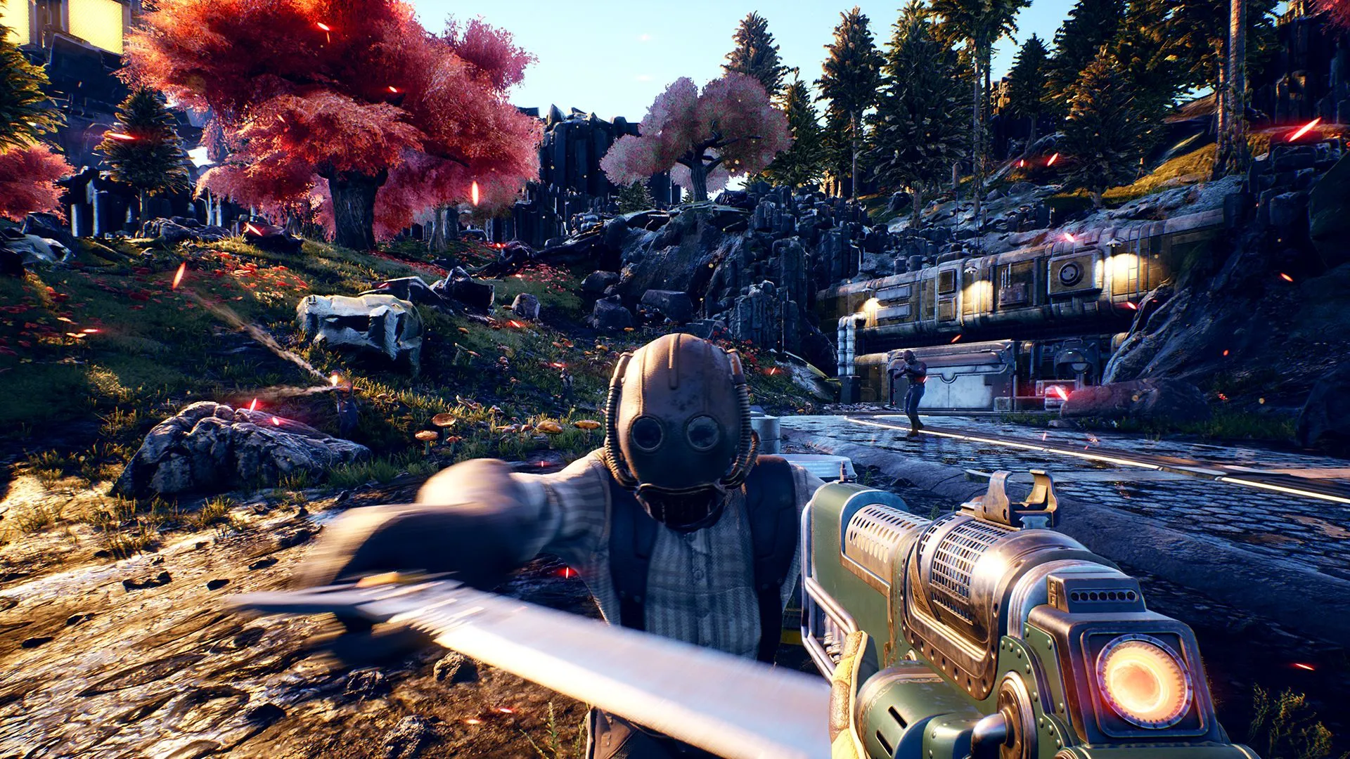 Người chơi tương tác với NPC trong thế giới mở của The Outer Worlds, thể hiện tự do hành động và khả năng tấn công NPC trong game RPG