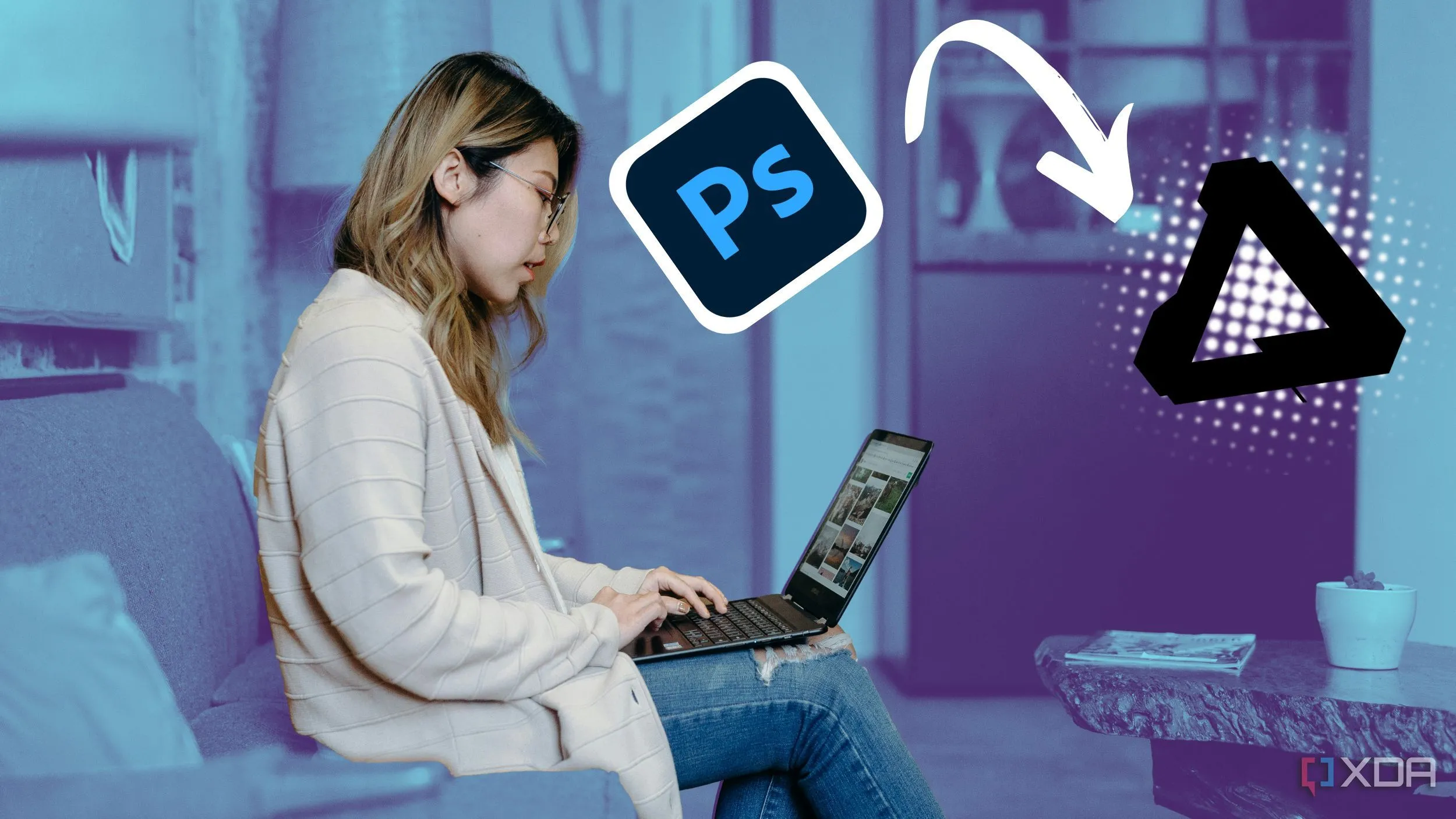 Người phụ nữ làm việc trên laptop với phần mềm sáng tạo, logo Photoshop hướng về logo Affinity như một lời gợi ý chuyển đổi