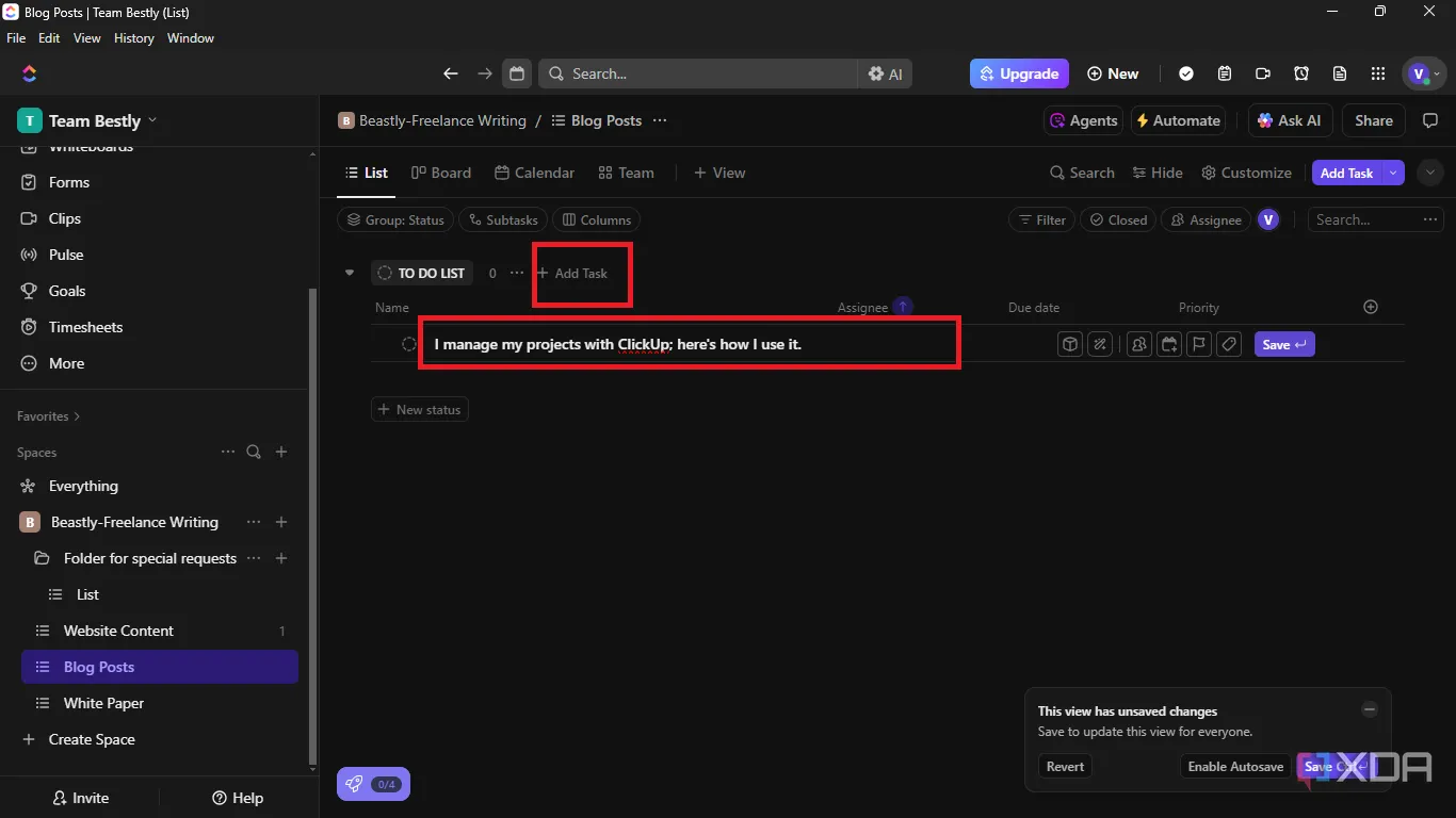 Nhấn &quot;Add Task&quot; để thêm một nhiệm vụ mới vào List của bạn
