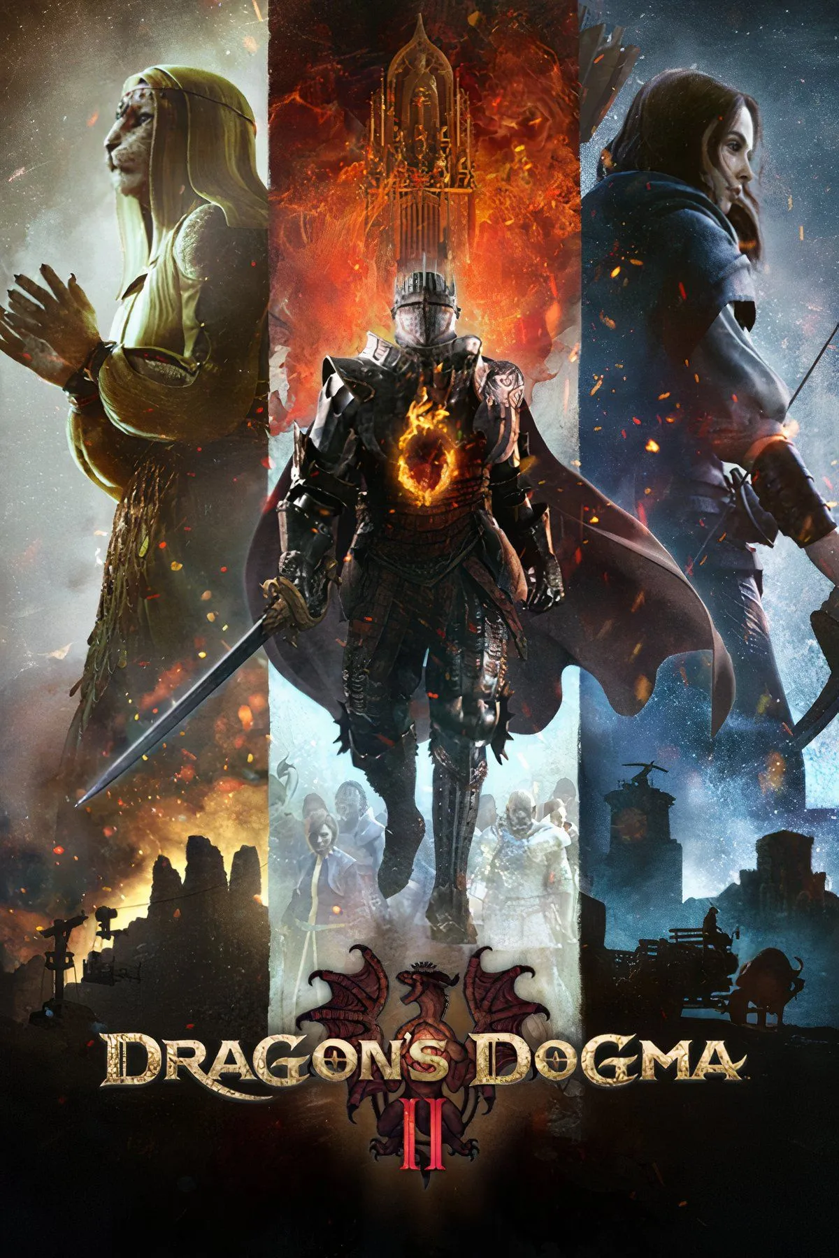 Nhân vật Arisen và các Pawn đang chiến đấu với quái vật khổng lồ trong thế giới Dragon's Dogma 2.