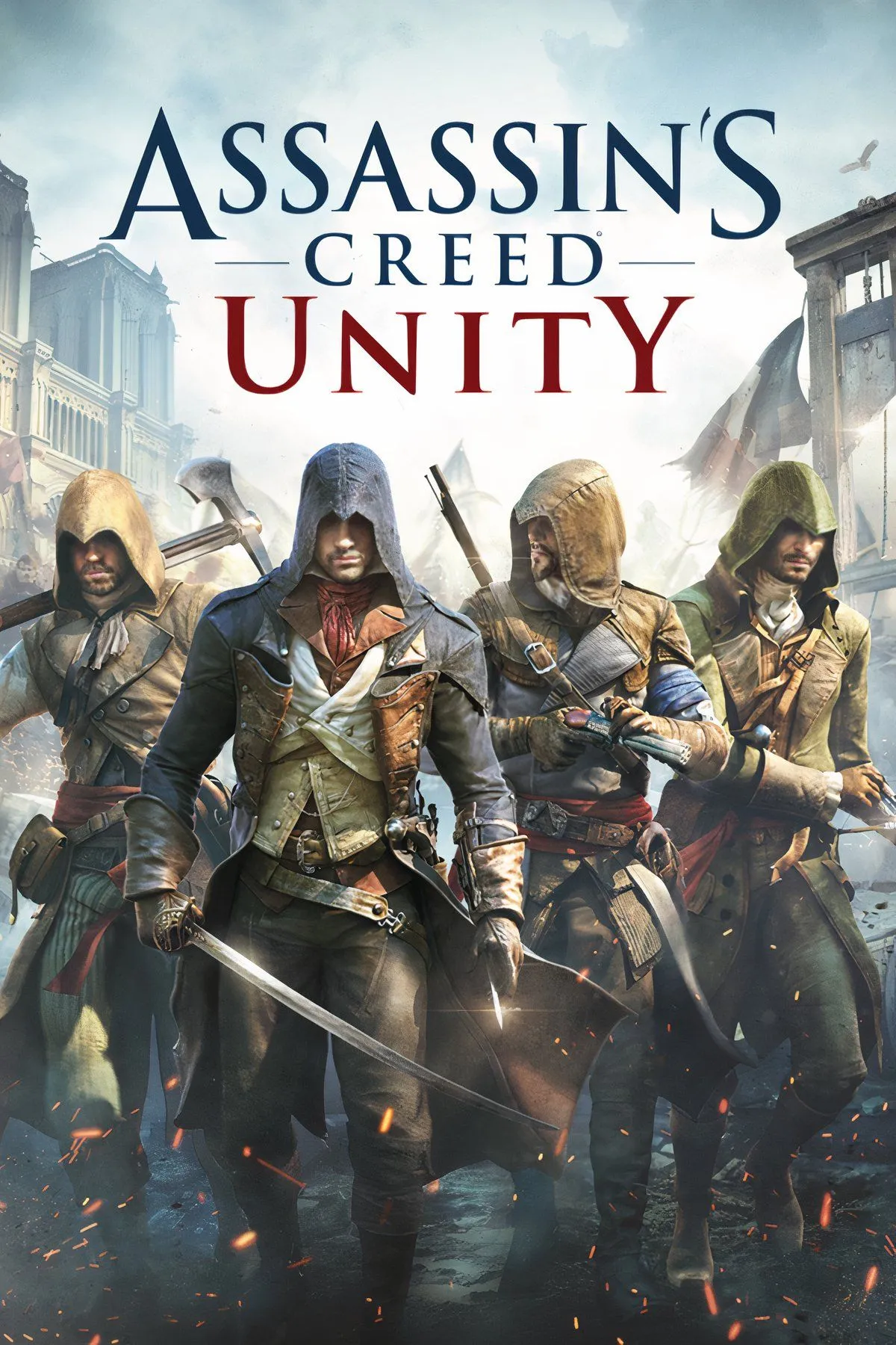 Nhân vật chính của Assassin's Creed Unity đang thực hiện động tác parkour trên mái nhà Paris, game từng gặp nhiều lỗi khi ra mắt.