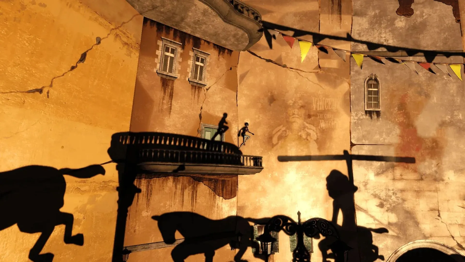 Nhân vật Dawn di chuyển trên các nền tảng bóng tối trong game Contrast, thể hiện cơ chế platformer 2D độc đáo.