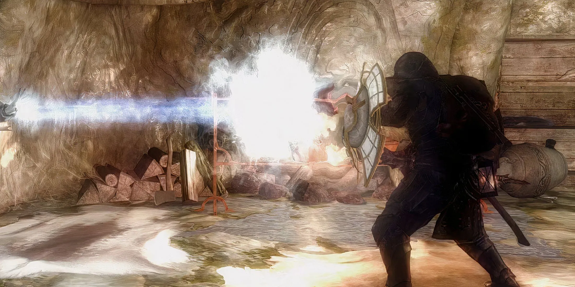 Nhân vật Dragonborn đỡ đòn phép thuật bằng khiên Spellbreaker trong Skyrim