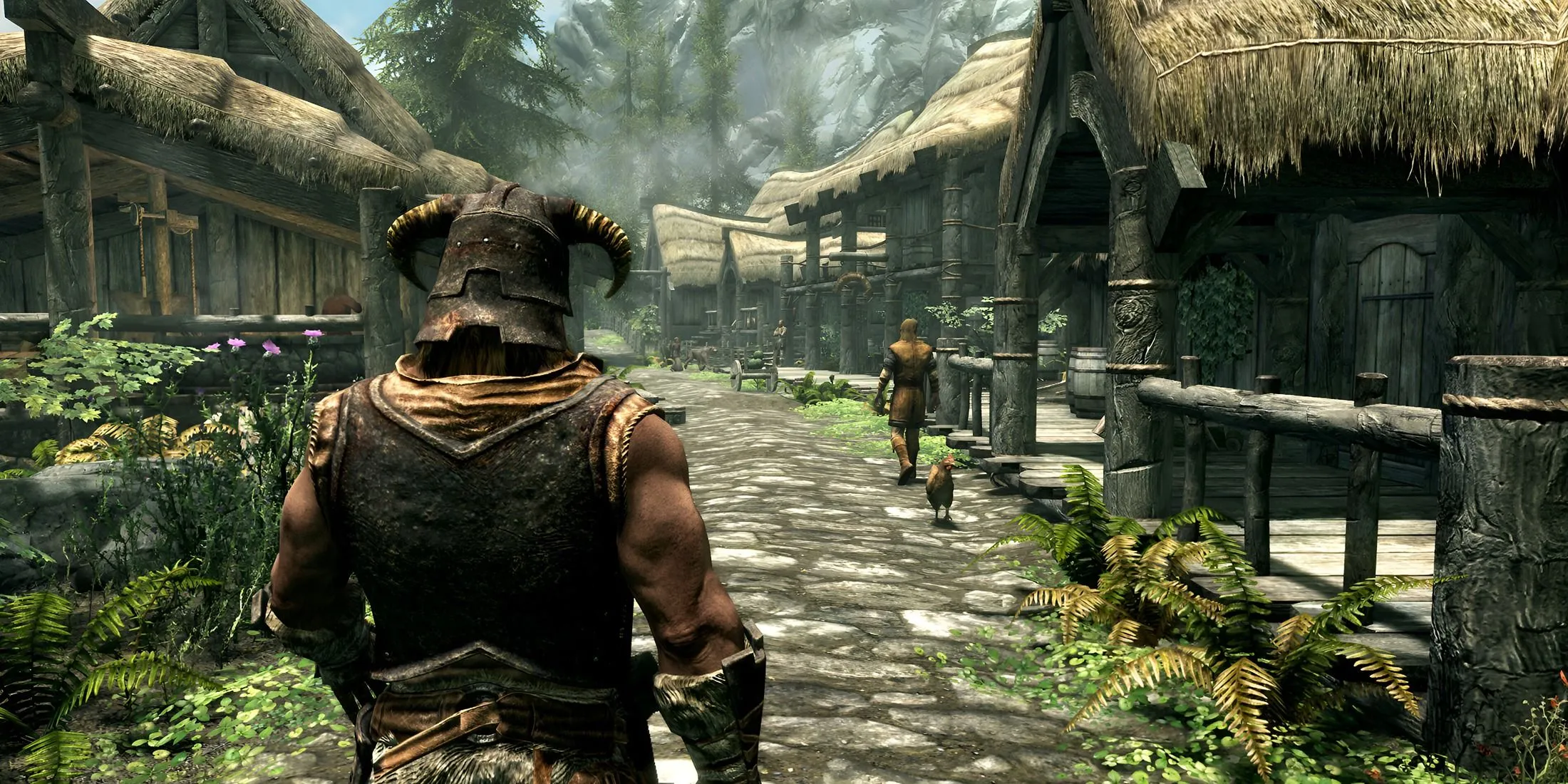 Nhân vật Dragonborn khám phá một ngôi làng trong Skyrim, đại diện cho các bản mod nhiệm vụ thêm nội dung
