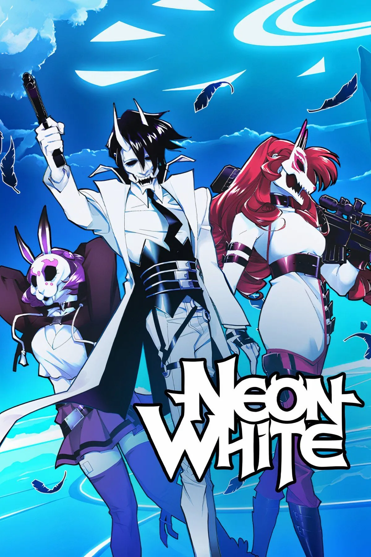 Nhân vật Neon White bay lượn trên không trung trong một cảnh hành động tốc độ cao