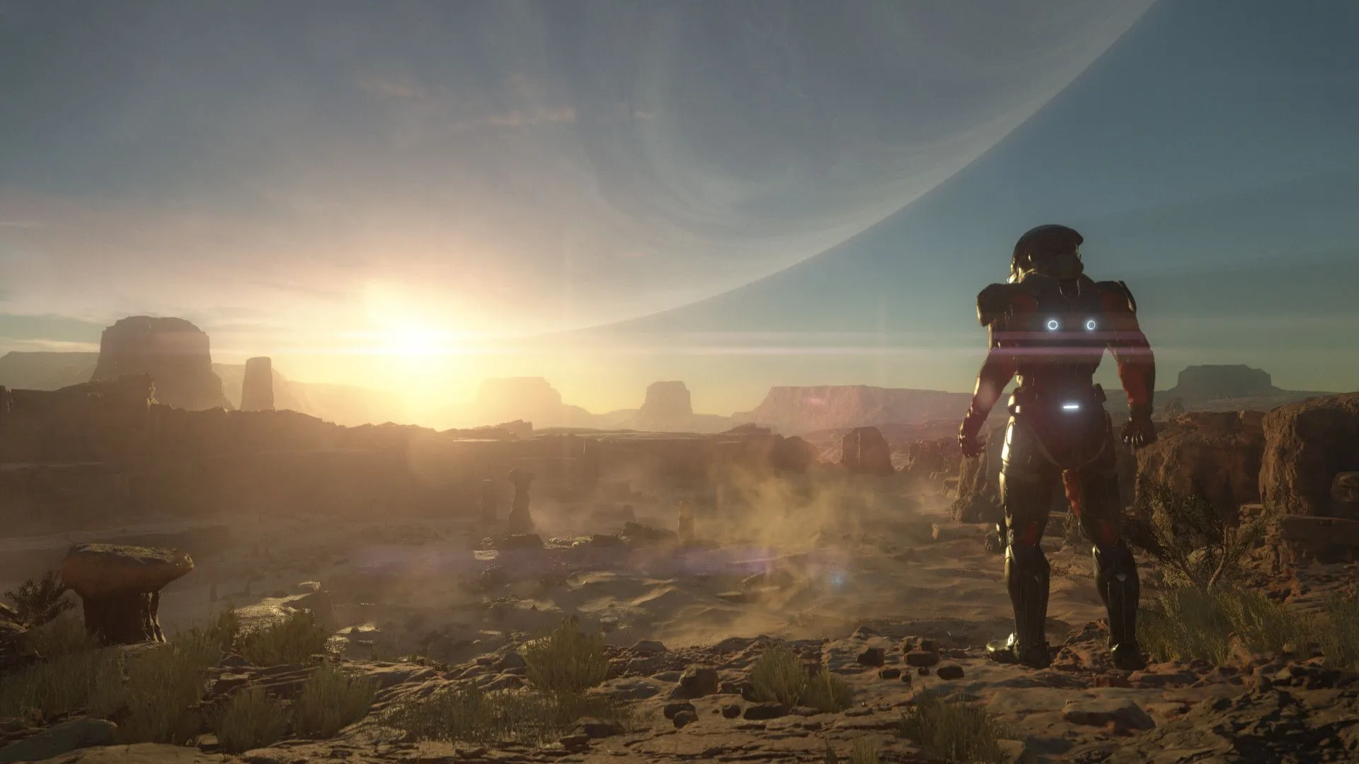 Nhân vật ngắm hoàng hôn trên hành tinh lạ trong game Mass Effect Andromeda