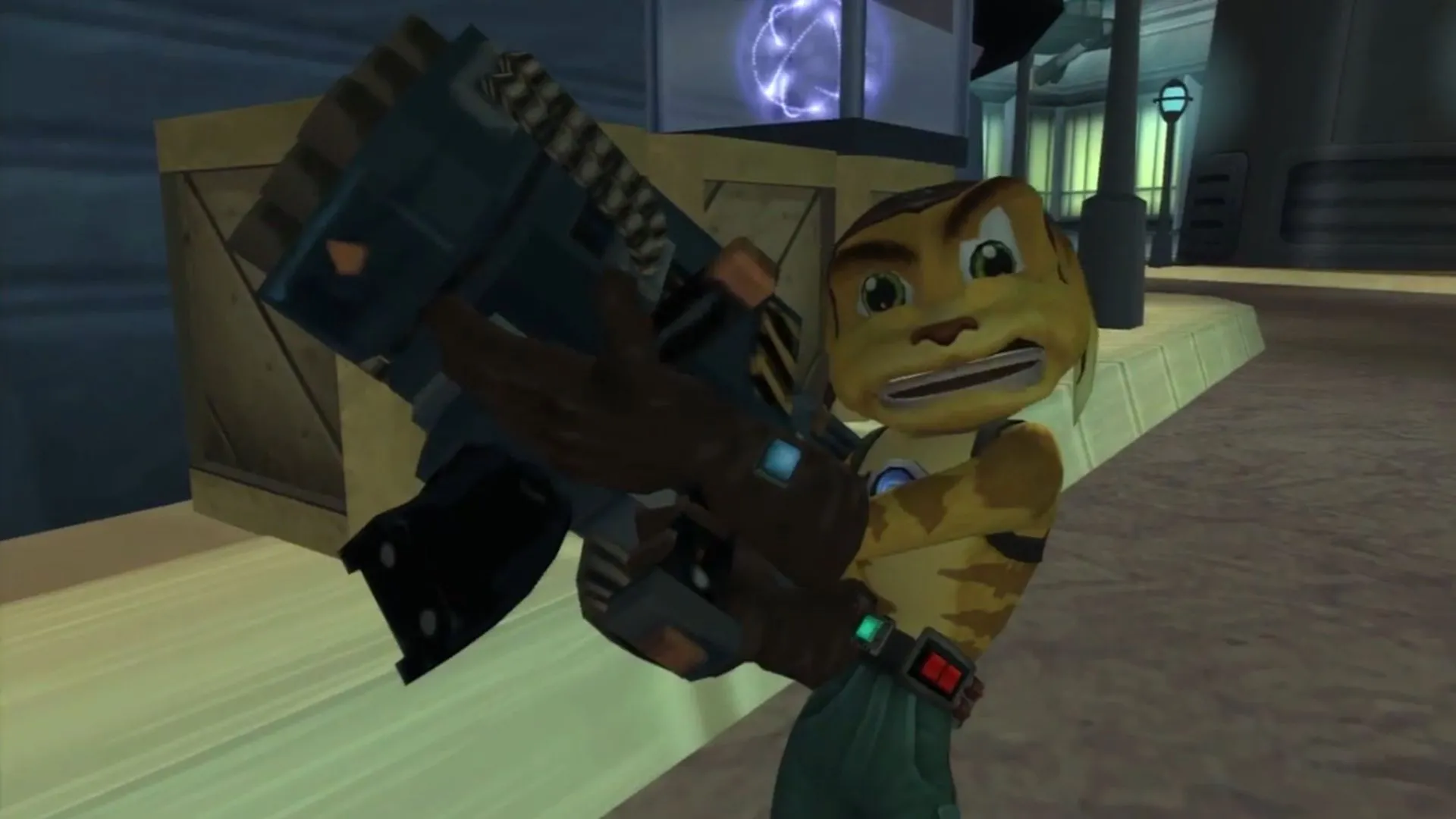 Nhân vật Ratchet đang cầm khẩu súng R.Y.N.O. trong game Ratchet &amp; Clank, một khẩu pháo phóng tên lửa đa năng với biệt danh &quot;Rip Ya New One&quot;, nổi tiếng là vũ khí hủy diệt mạnh nhất.