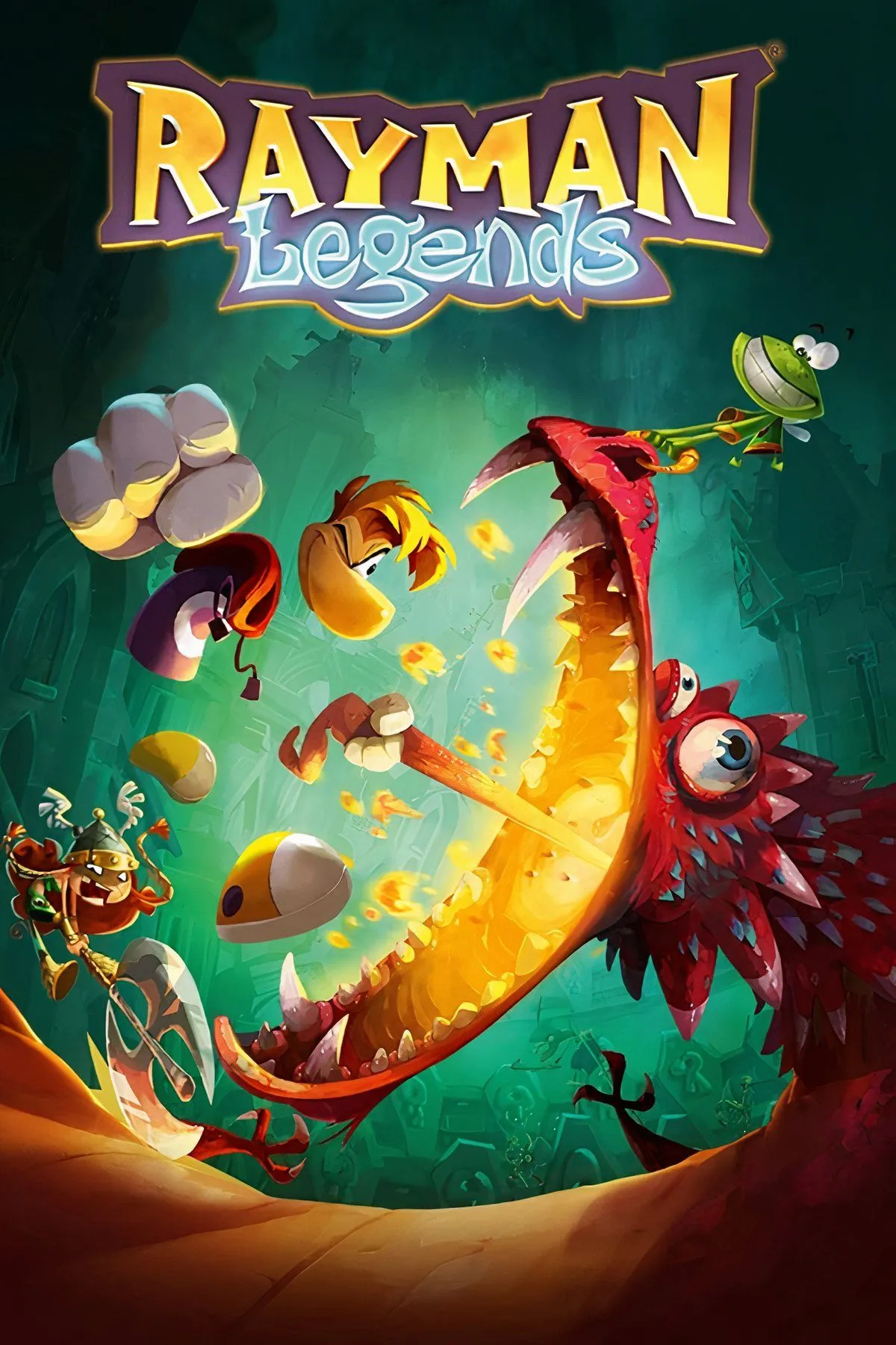 Nhân vật Rayman và đồng đội đang chạy nhảy trong một màn chơi đầy màu sắc của game Rayman Legends.