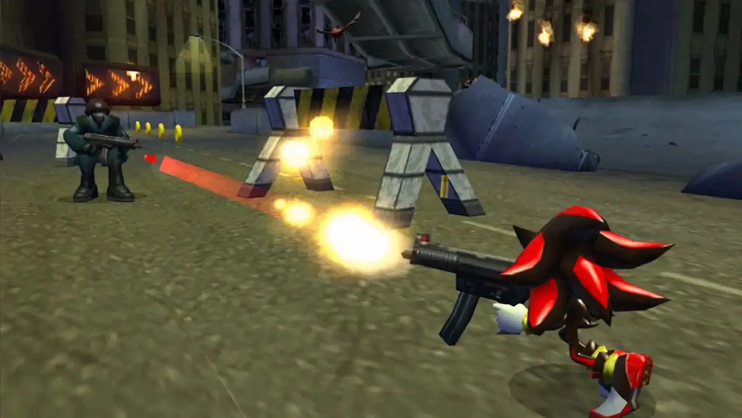 Nhân vật Shadow the Hedgehog cầm súng trong game Shadow the Hedgehog, một tựa game hành động phiêu lưu có nhạc nền rock mạnh mẽ.