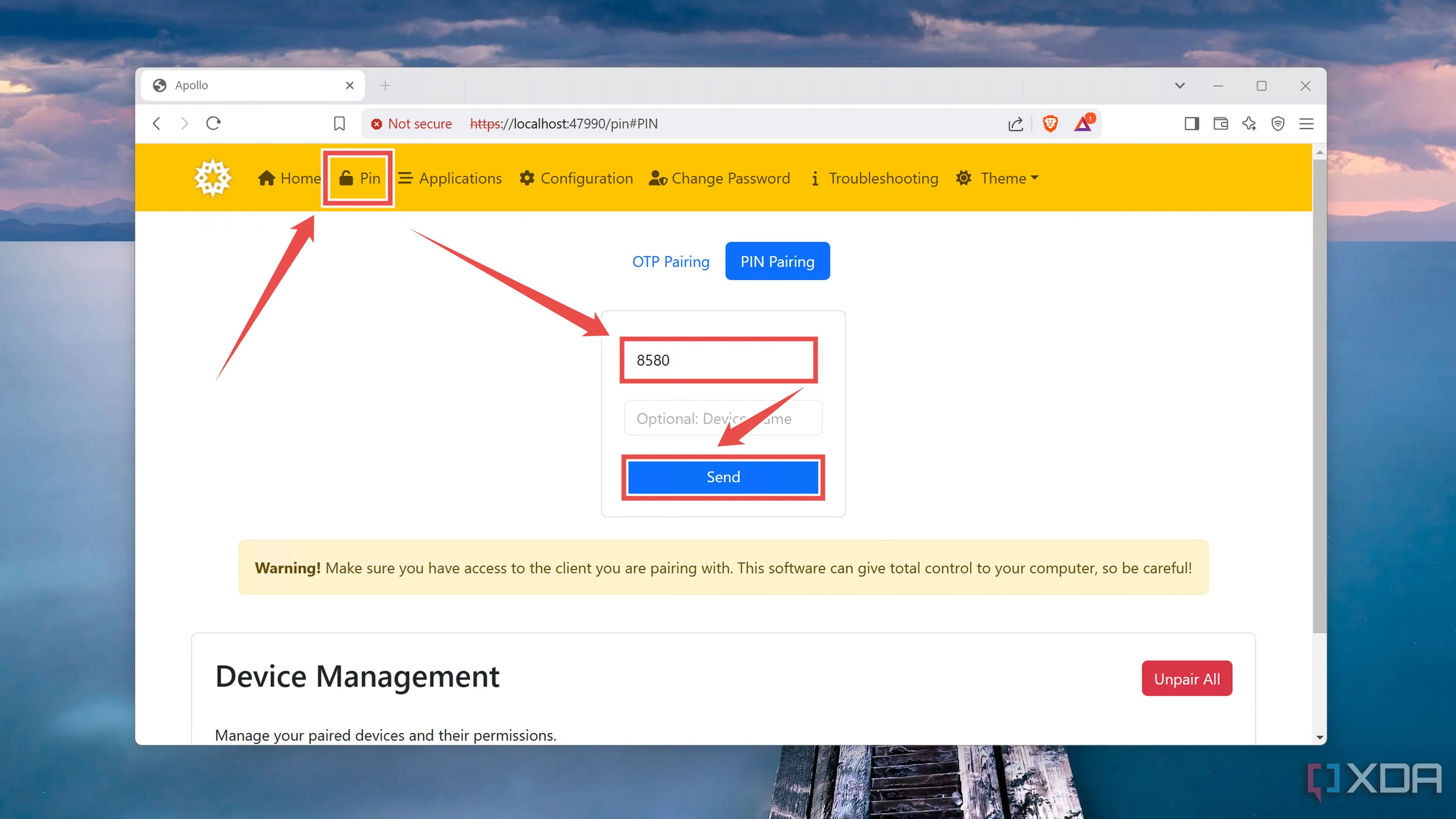 Nhập mã PIN từ điện thoại vào giao diện web UI của Apollo