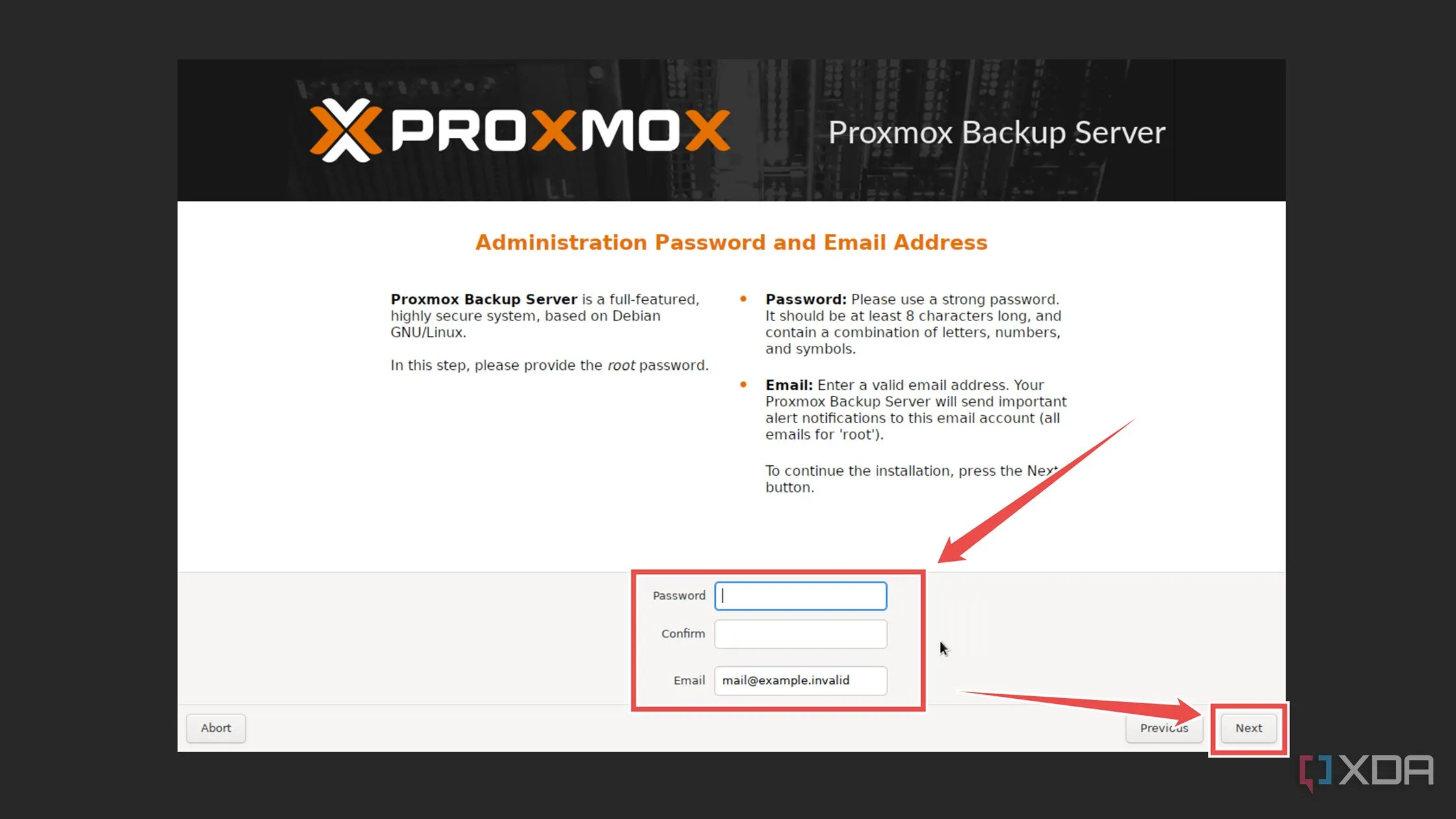 Nhập mật khẩu quản trị và địa chỉ email cho hệ thống Proxmox Backup Server
