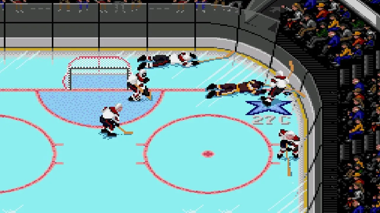 NHL '94: Cảnh các cầu thủ khúc côn cầu đang tranh bóng trên sân băng với góc nhìn dọc độc đáo