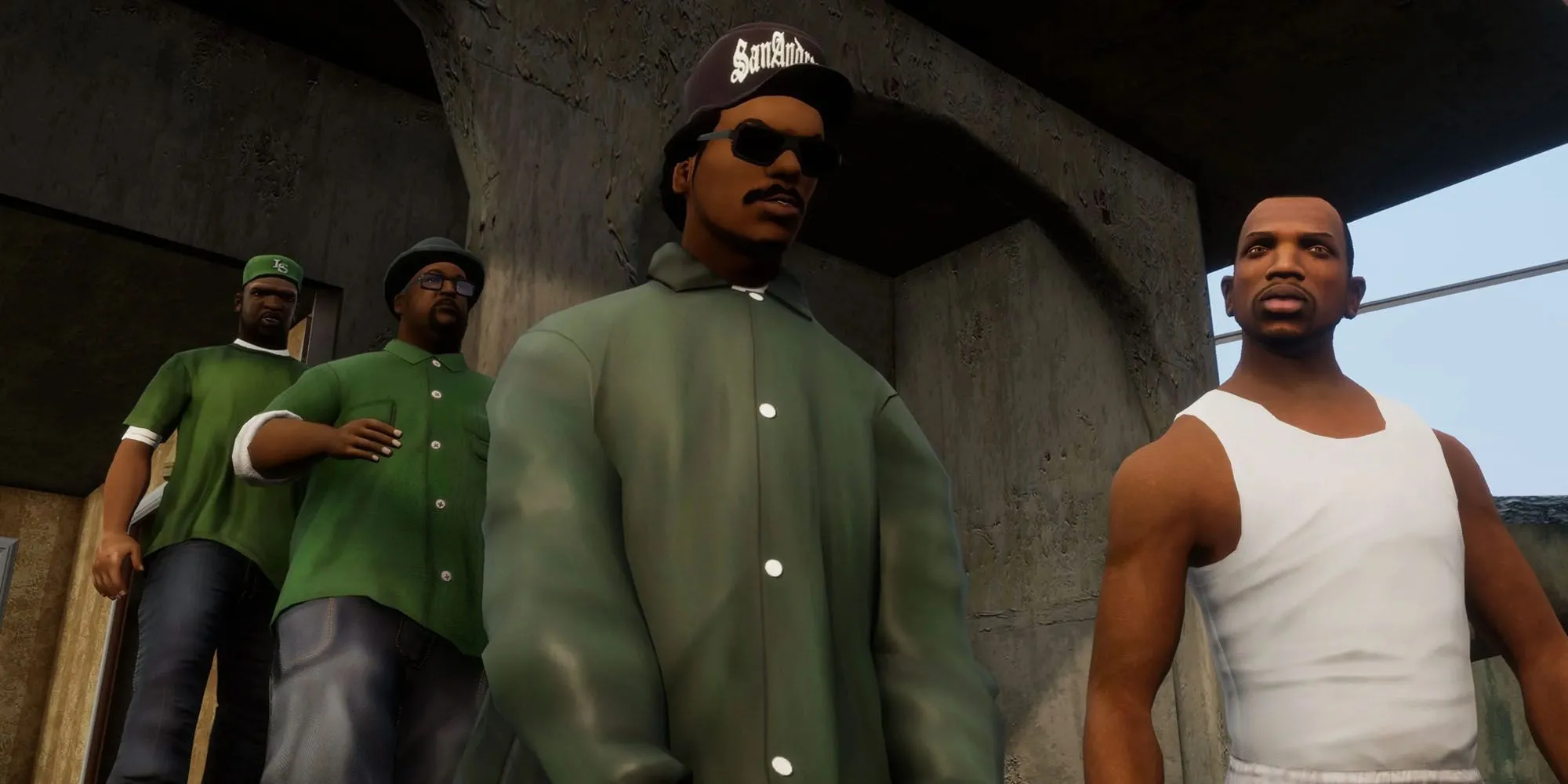 Nhóm nhân vật chính trong Grand Theft Auto San Andreas đứng cùng nhau