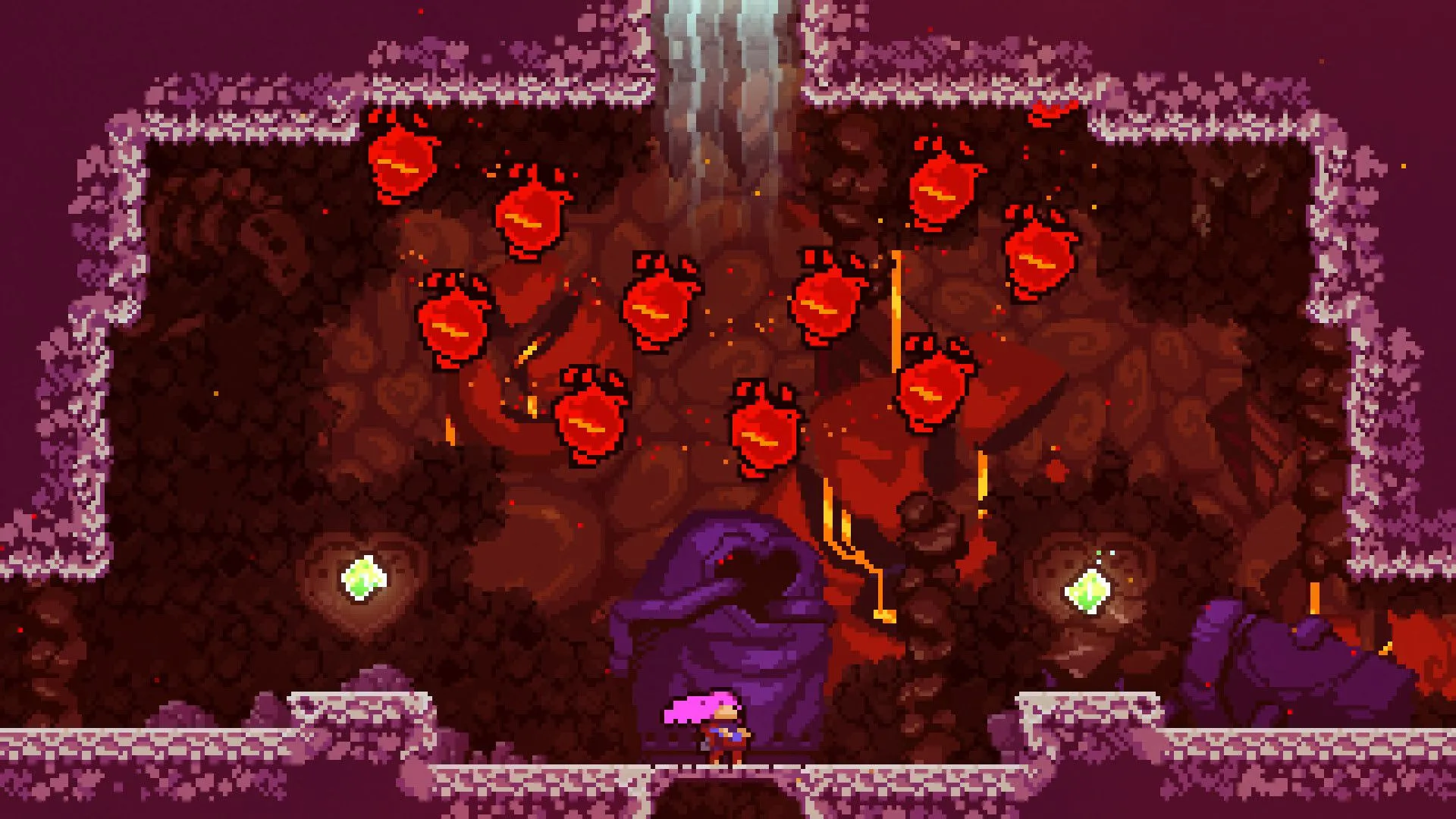 Những quả cầu đỏ bao quanh Madeline, thêm yếu tố thử thách trong game Celeste.