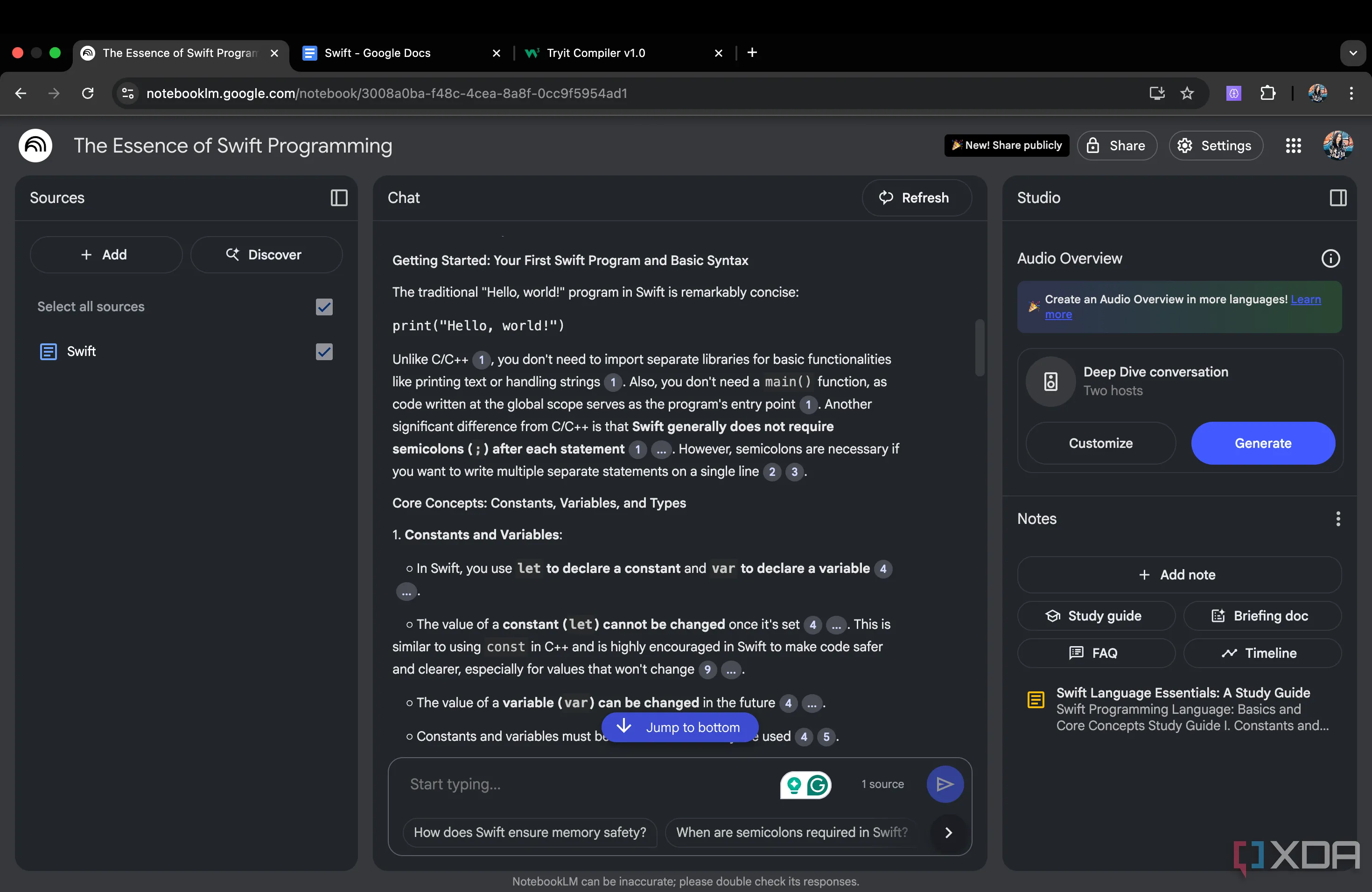 NotebookLM so sánh cú pháp giữa ngôn ngữ C và Swift, cung cấp ví dụ code minh họa rõ ràng.