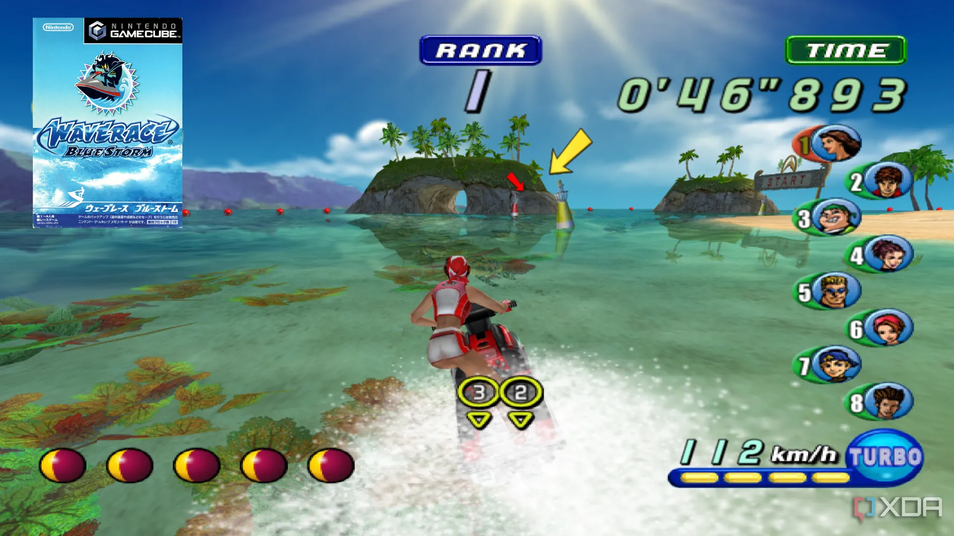 Nữ tay đua lướt sóng trong Wave Race: Blue Storm, tựa game có bình luận viên châm biếm ẩn