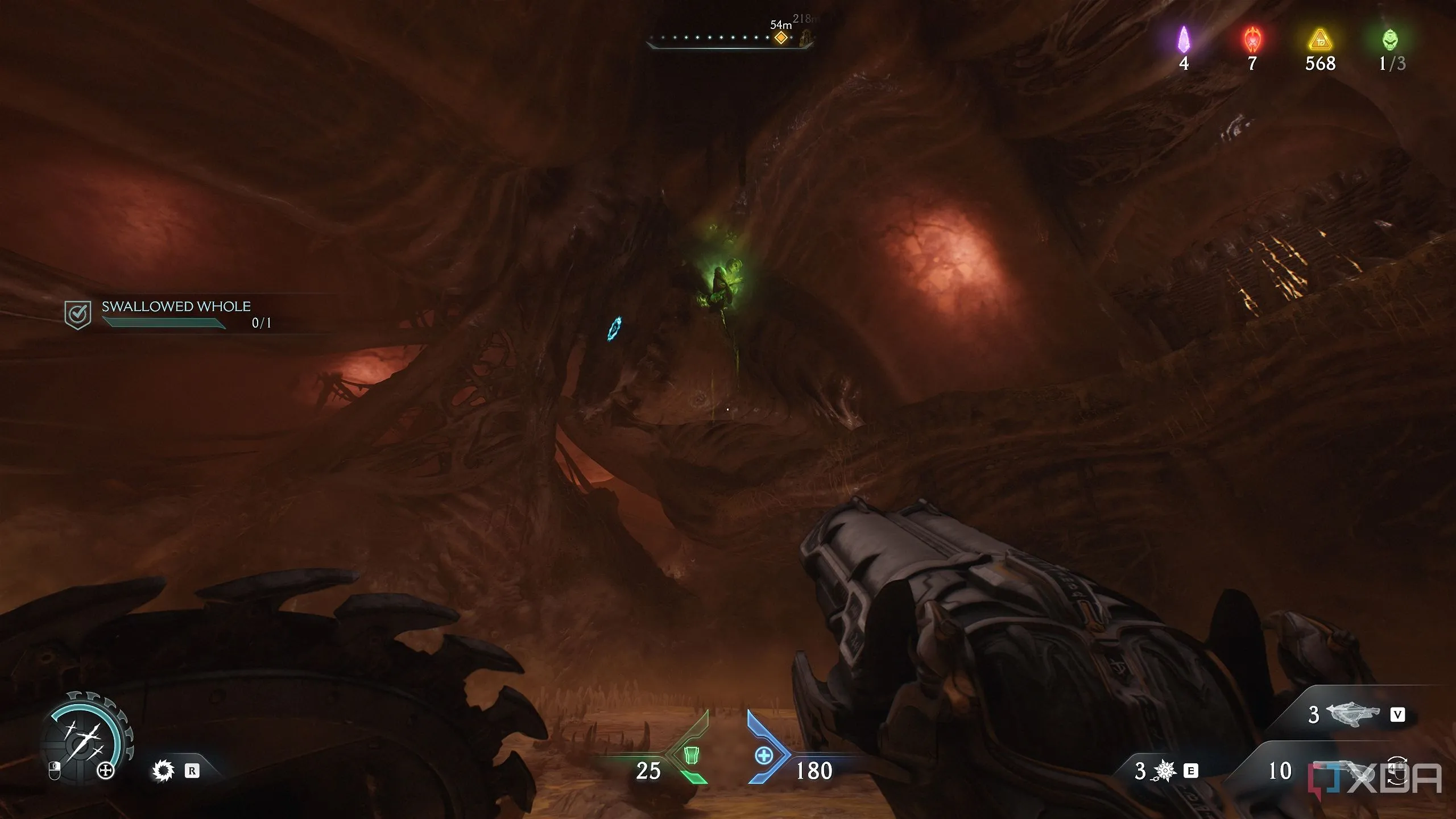 Nút năng lượng xanh và nút thịt xanh trên cao, cần dùng Shield Recall Jump trong Chapter 18.