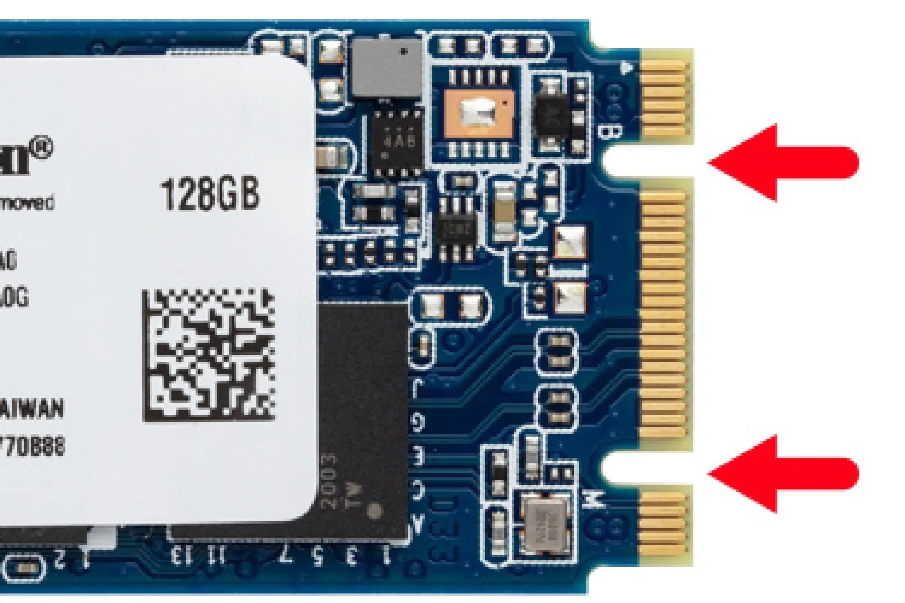 Ổ cứng SSD M.2 SATA với mũi tên chỉ rõ kiểu chân cắm B và M.