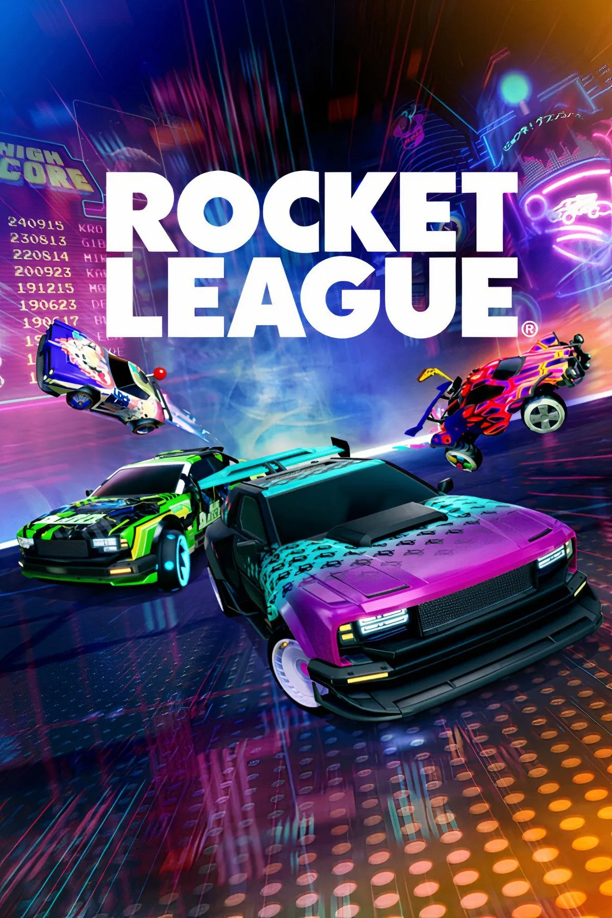 Ô tô đua tranh bóng trong game Rocket League, minh họa lối chơi bóng đá kết hợp xe cộ độc đáo.