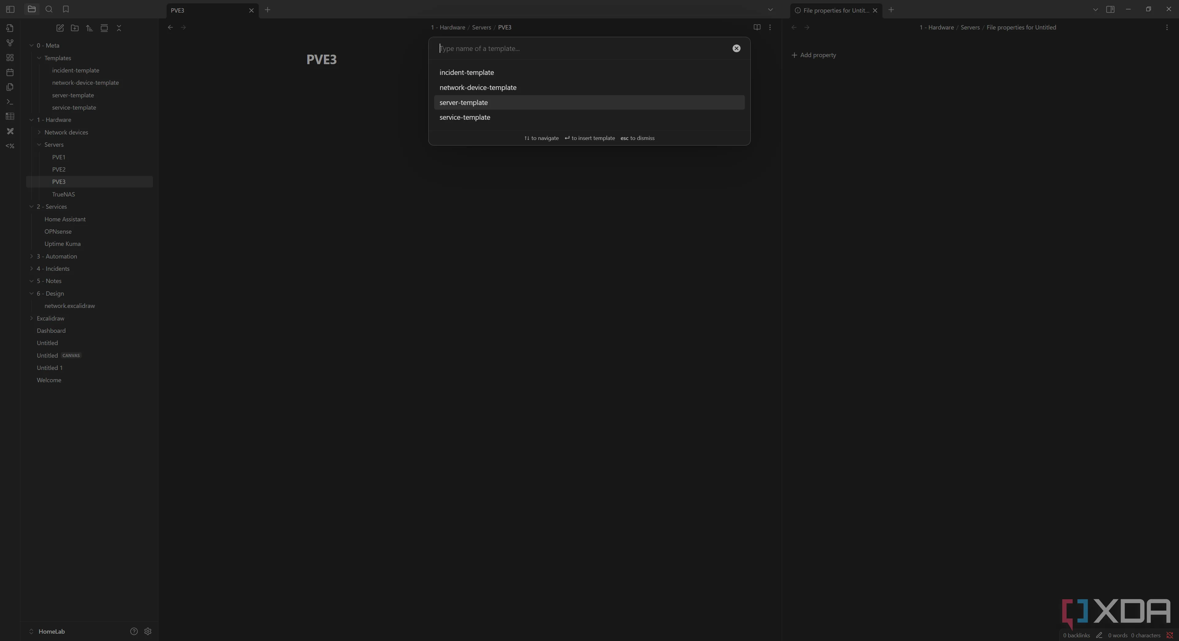 Obsidian Home Lab: Chèn template