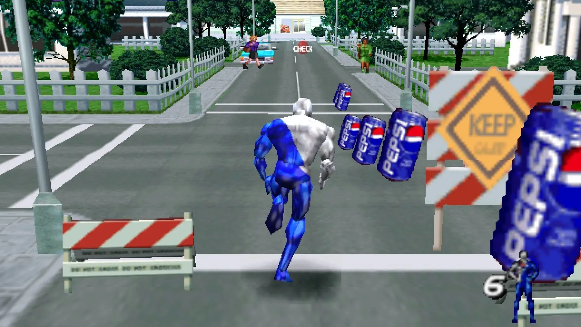 Pepsiman đang chạy trên đường phố, thu thập lon Pepsi và né tránh chướng ngại vật