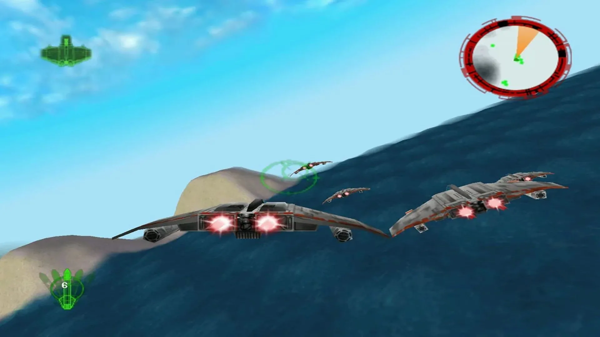 Phi thuyền V-Wing cùng đồng đội đang bay lượn trong Star Wars: Rogue Squadron trên N64