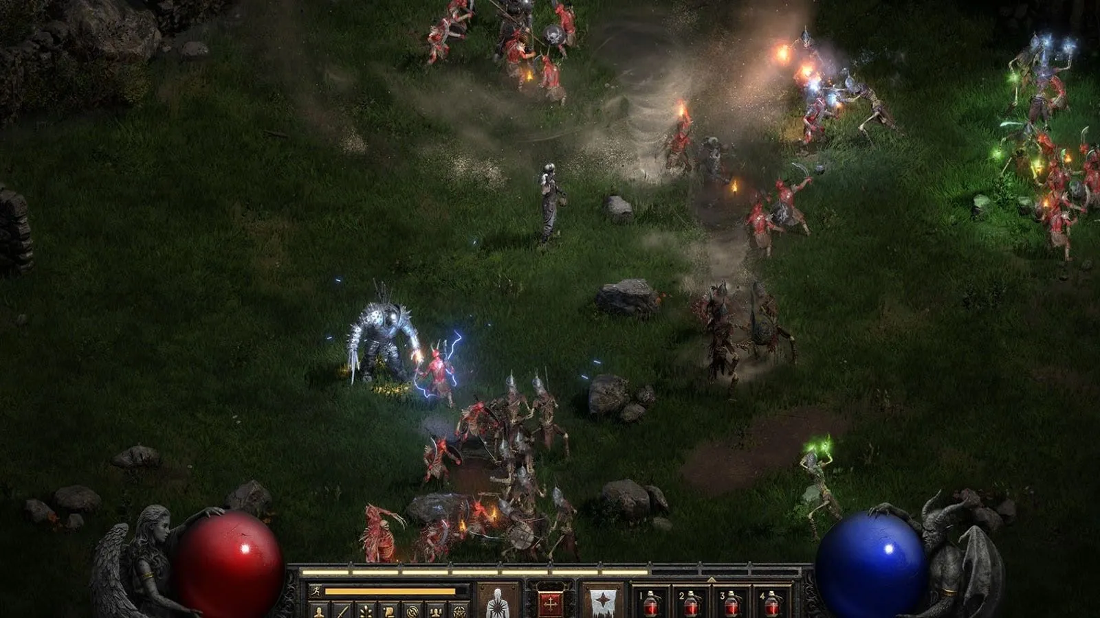 Phù thủy từ Diablo 2 Resurrected chiến đấu trên cánh đồng.