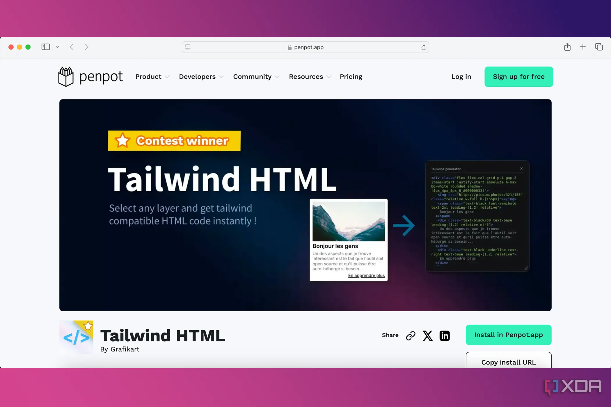 Plugin Tailwind HTML trong Penpot chuyển đổi thiết kế thành mã code Tailwind CSS