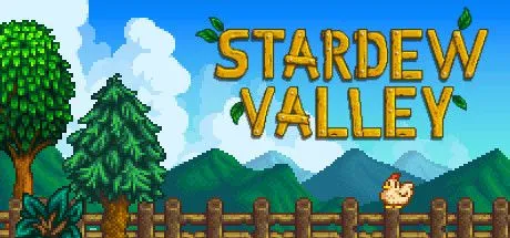 Poster game Stardew Valley với phong cách pixel art, minh họa cuộc sống nông trại thư thái.