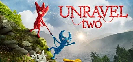 Poster game Unravel Two với hai nhân vật Yarny màu đỏ và xanh dương trên một cành cây.