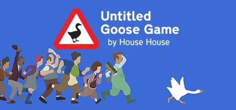 Poster game Untitled Goose Game với hai con ngỗng trắng đang chạy trong một khu vườn.