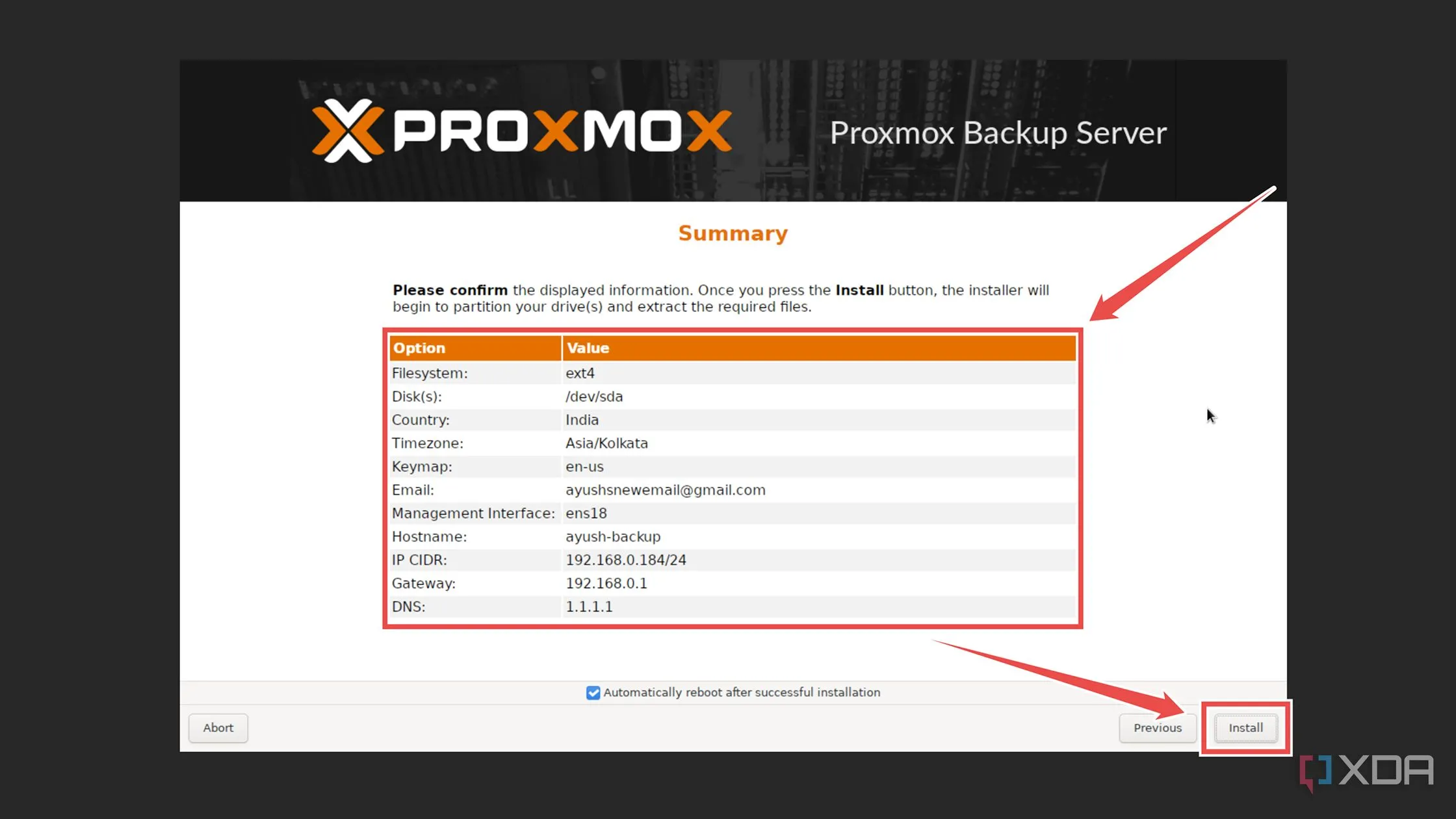 Quá trình cài đặt Proxmox Backup Server đang diễn ra, hiển thị trạng thái hoàn thành