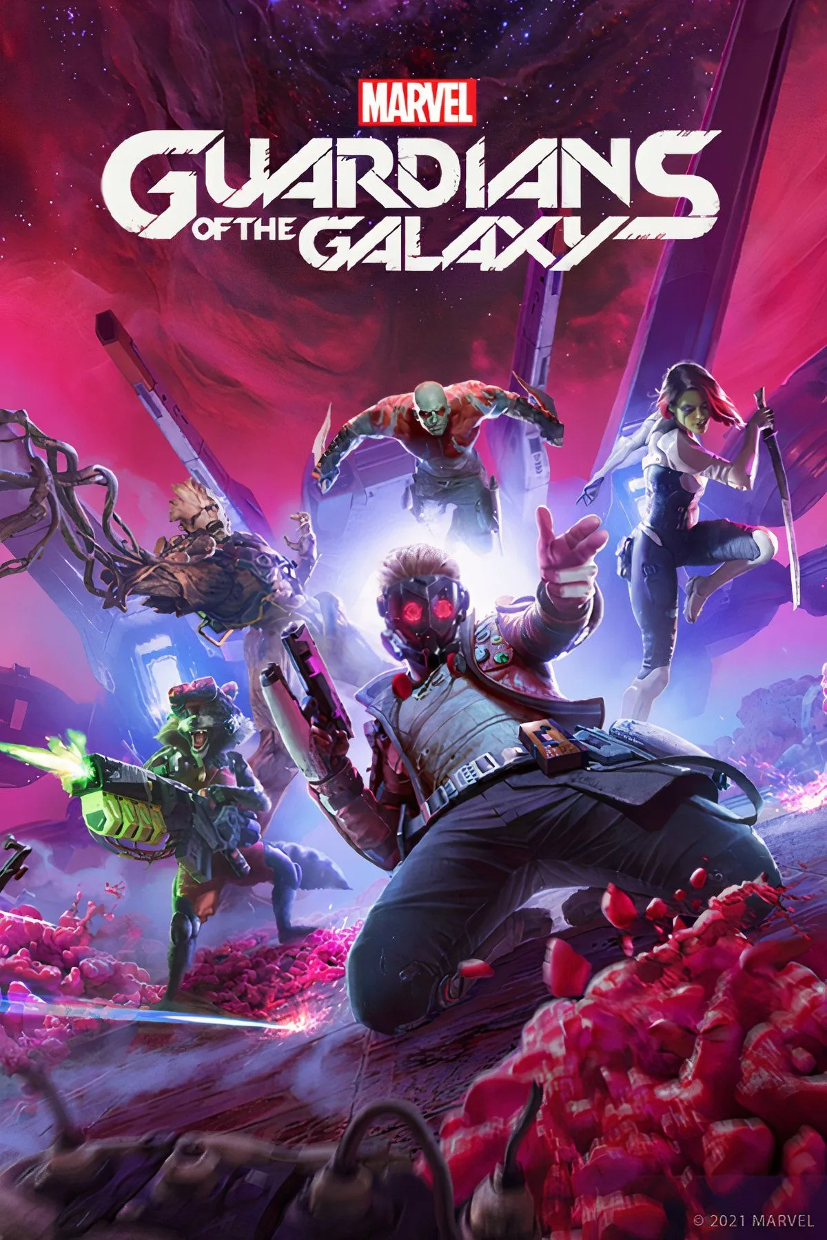 Quang cảnh chiến đấu hoành tráng trong game Marvel's Guardians of the Galaxy, một tựa game hành động phiêu lưu tuyệt vời.