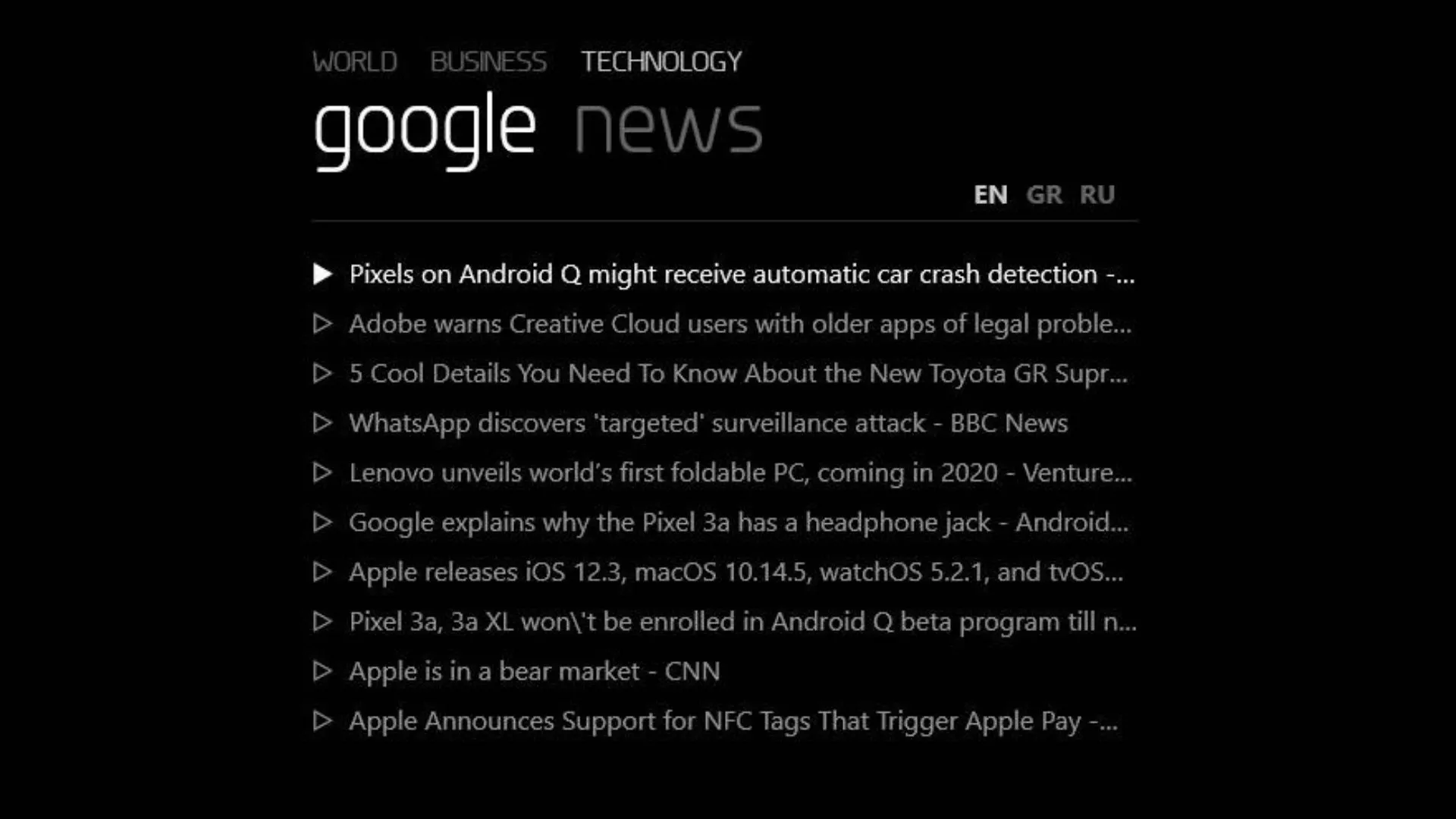 Rainmeter Google News RSS skin hiển thị các tiêu đề tin tức công nghệ trên desktop