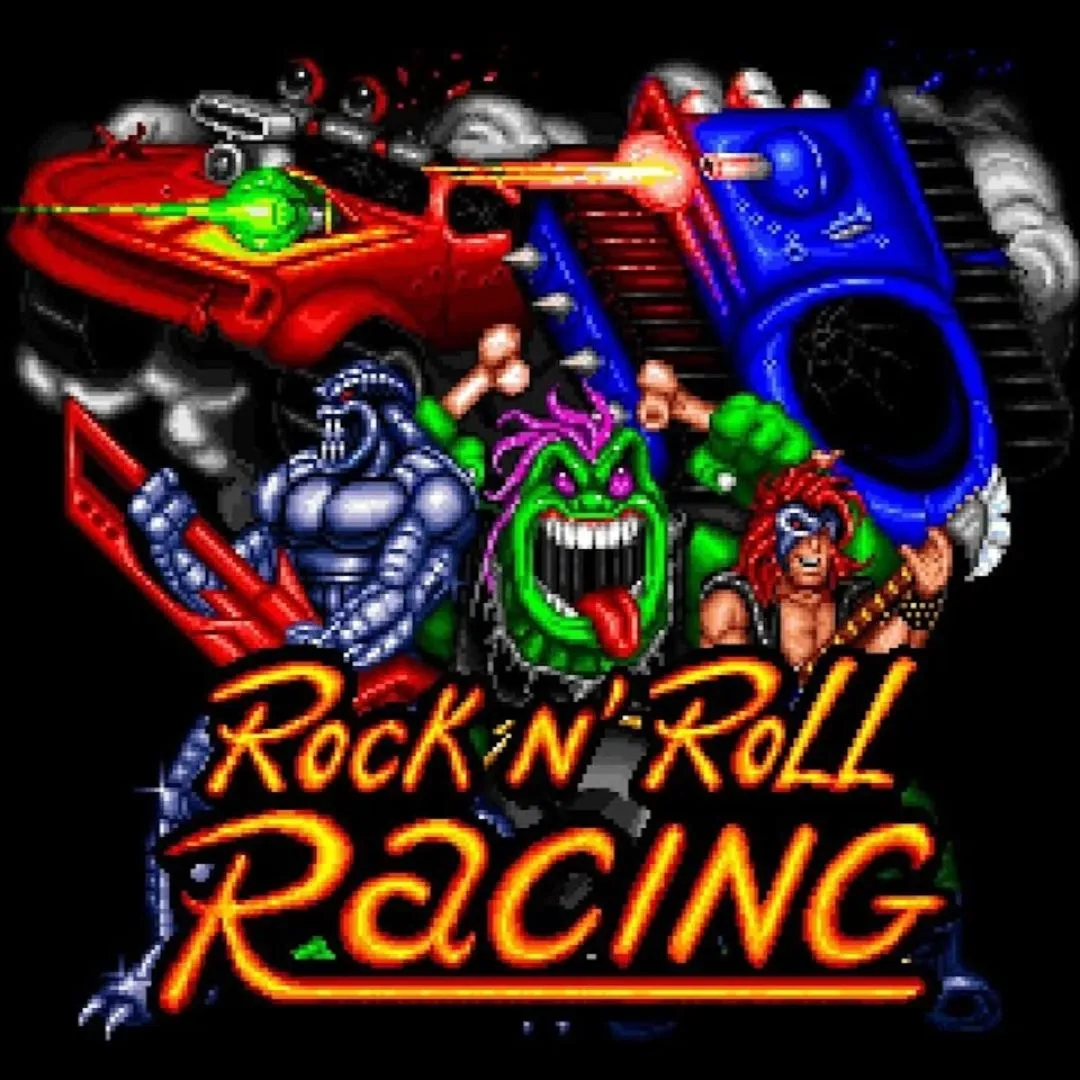 Rock n' Roll Racing SNES: Ảnh chụp màn hình game với góc nhìn isometric, hiển thị các xe đua chiến đấu trên đường, nổi bật nhạc rock.