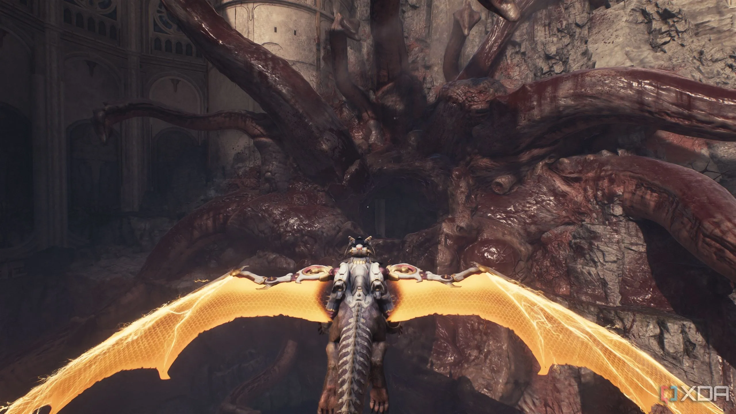 Rồng Serrat bay xuyên qua một quỷ Leviathan khổng lồ trong Doom The Dark Ages