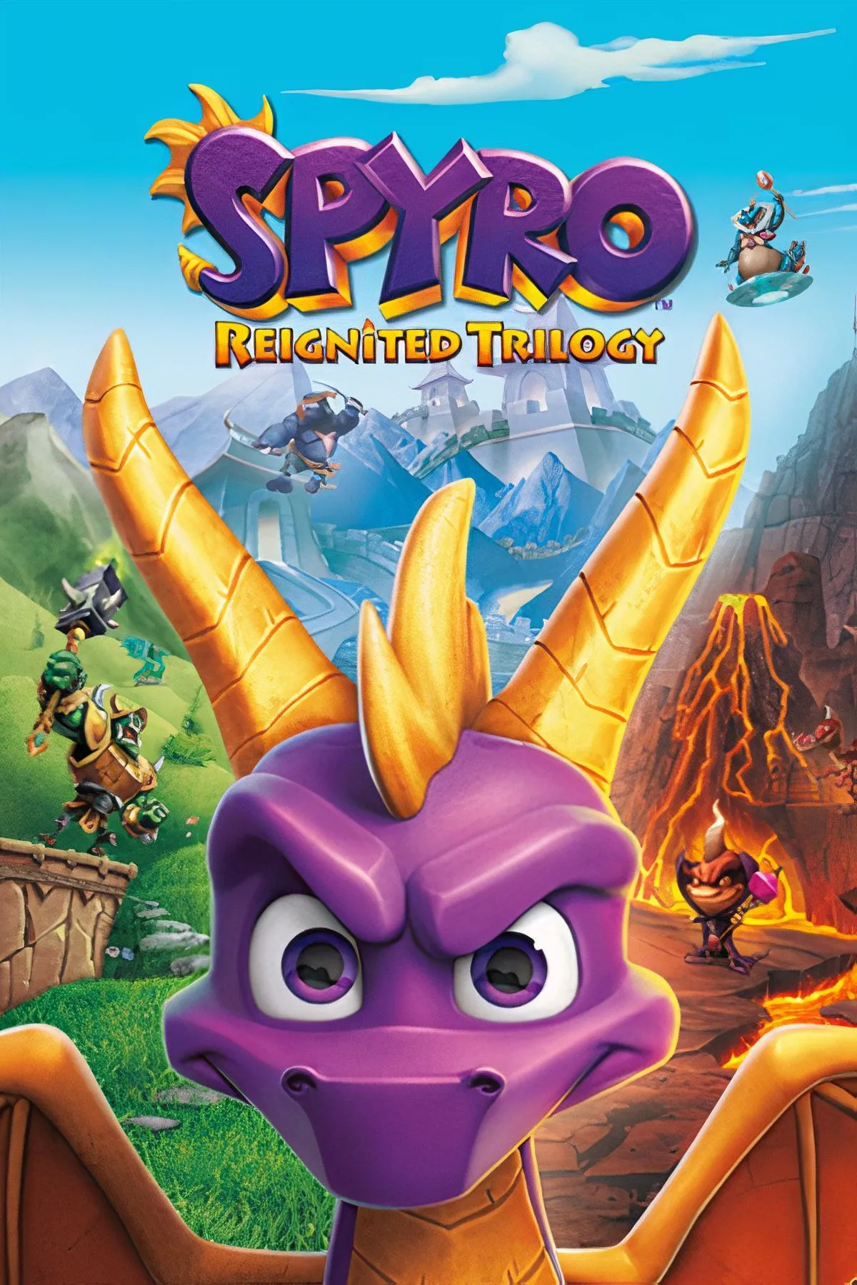 Rồng Spyro bay lượn trong không trung của thế giới game Spyro Reignited Trilogy, thể hiện đồ họa được nâng cấp.