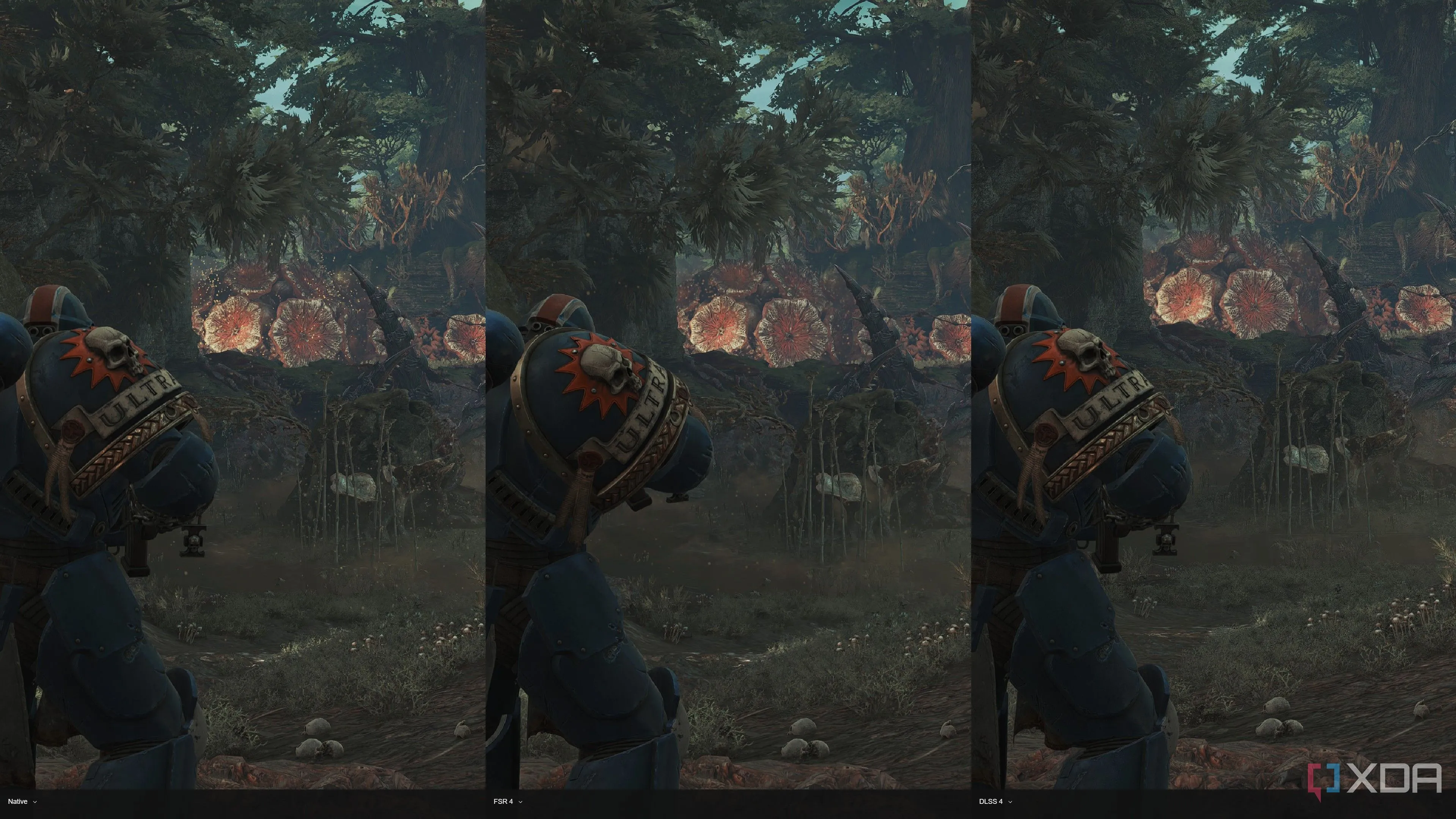 So sánh chất lượng hình ảnh của FSR 4, DLSS 4 và native resolution trong tựa game Warhammer 40K: Space Marine 2
