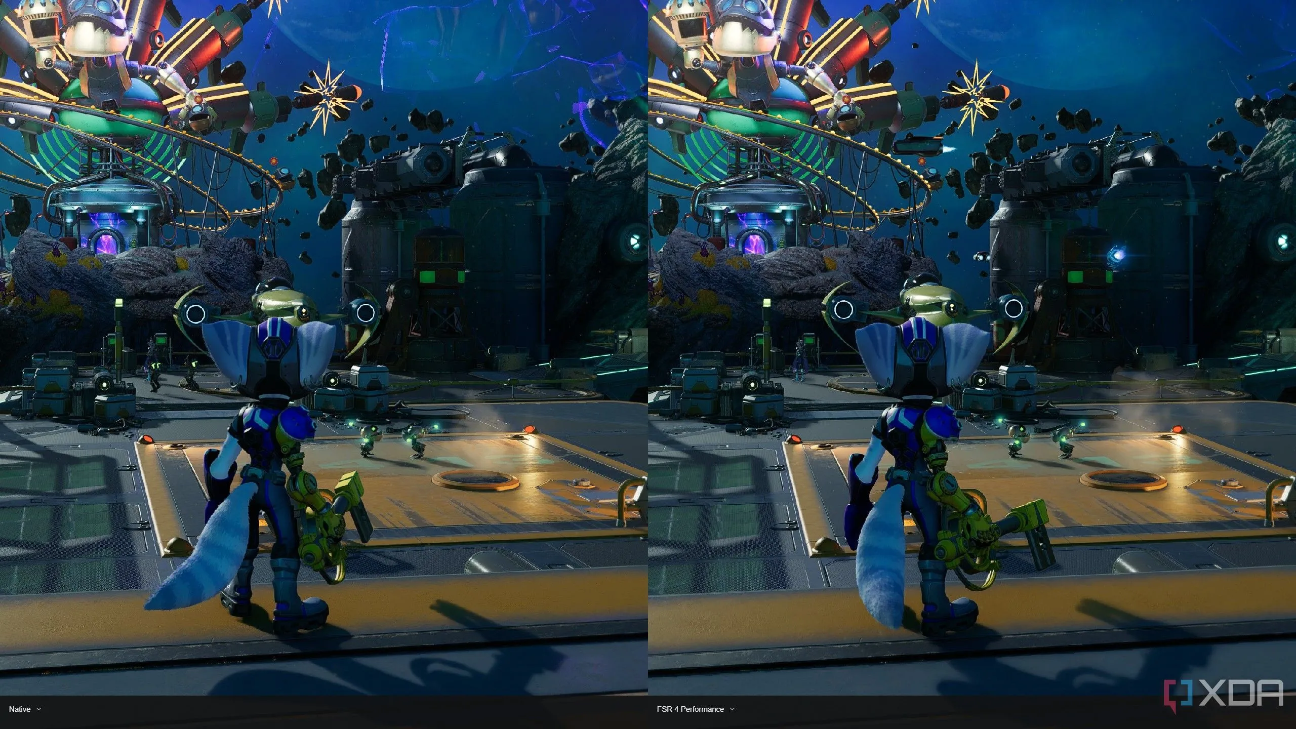 So sánh chất lượng hình ảnh game Ratchet and Clank: Rift Apart ở độ phân giải gốc (trái) và khi bật FSR 4 Performance (phải)