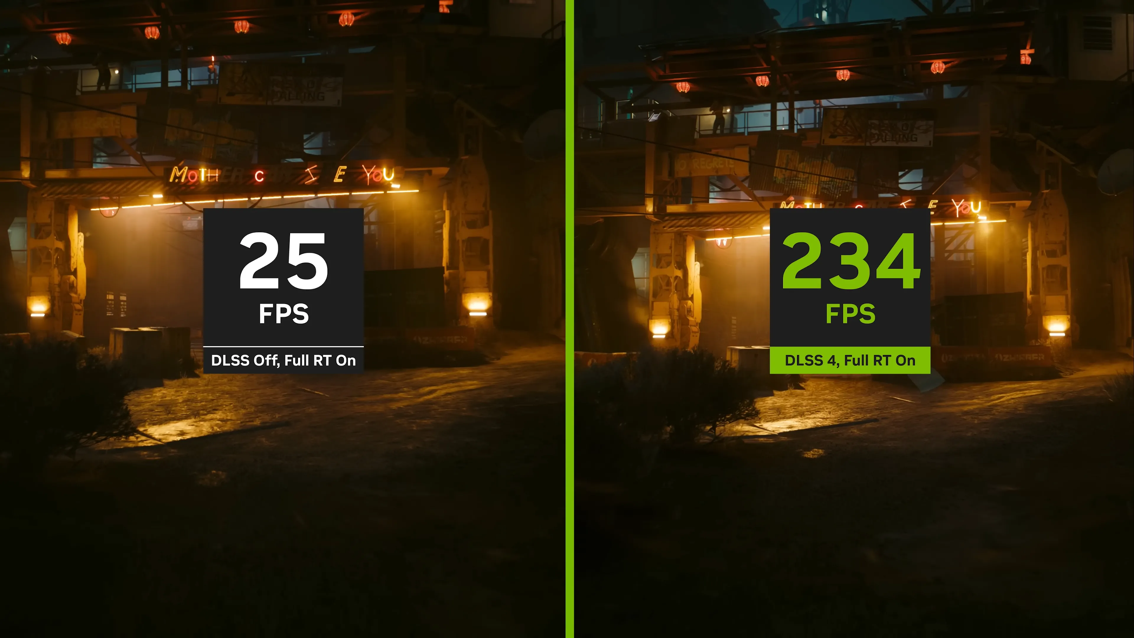 So sánh chất lượng hình ảnh và hiệu năng khi chơi game có và không sử dụng công nghệ NVIDIA DLSS 4 Multi-Frame Generation.
